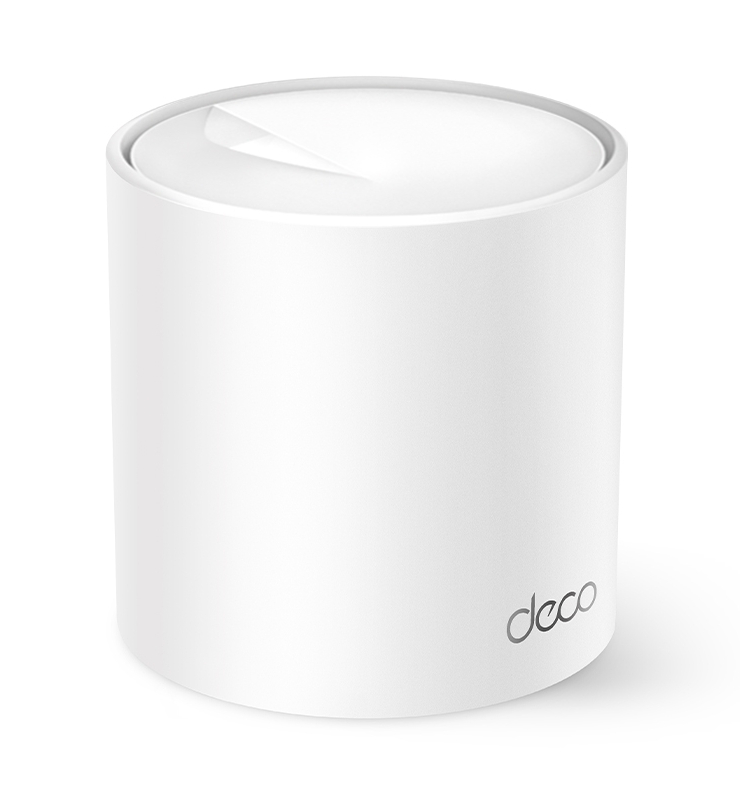 Biały cylindryczny router Deco z małym logo Deco. Prosty, minimalistyczny design.