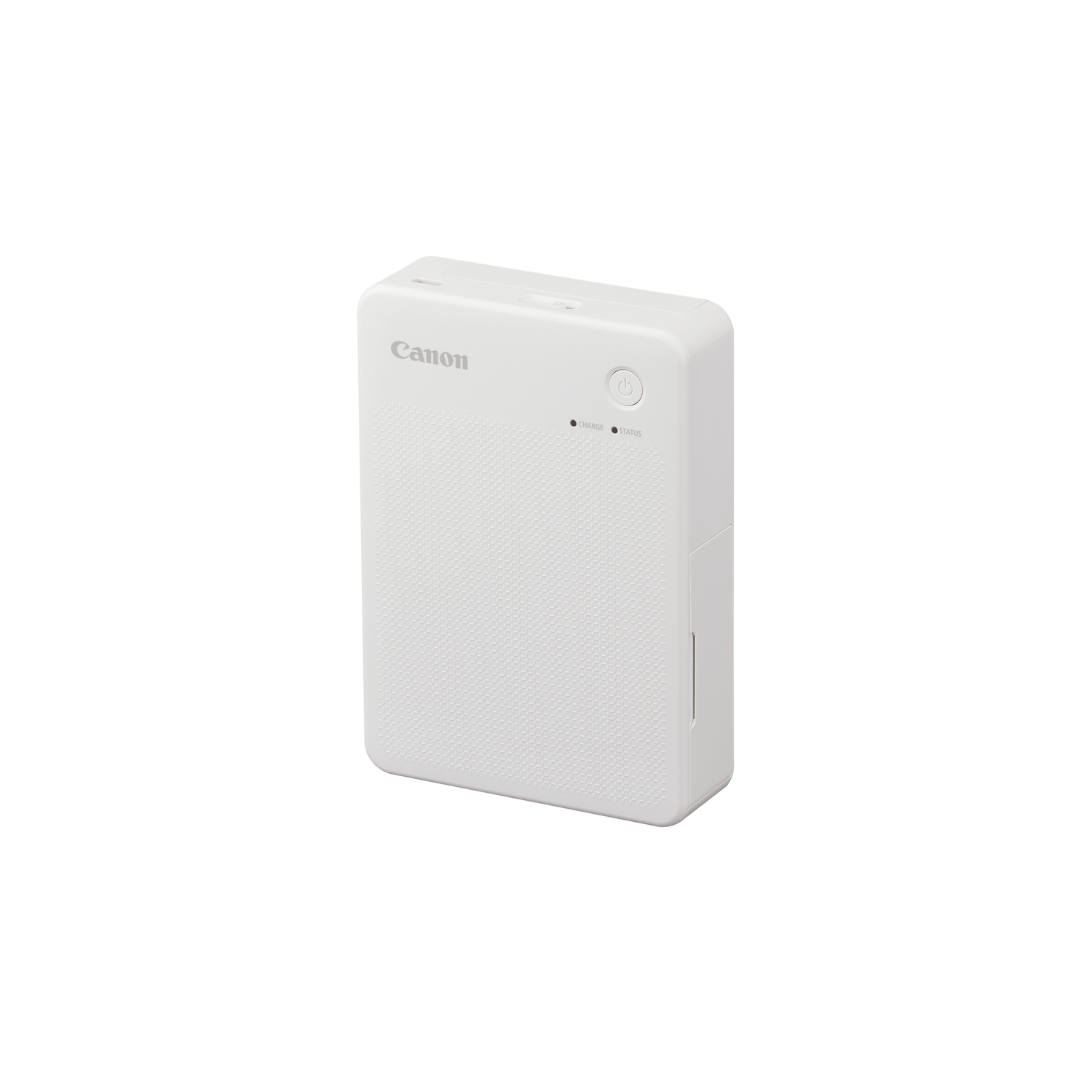 A white Canon printer. The Canon logo is visible. Power and status lights are lit.