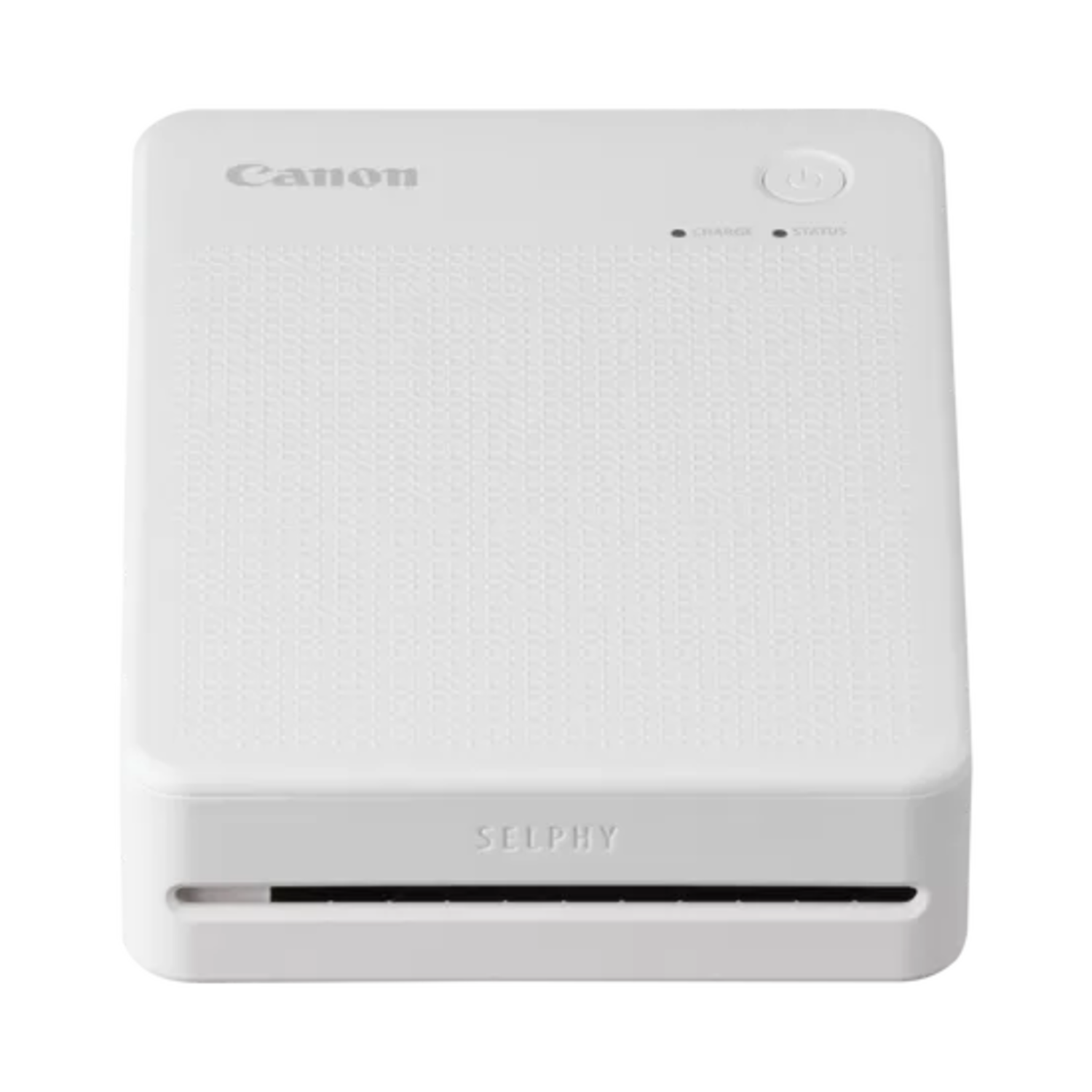 White Canon Selphy photo printer with a power button and status indicator.