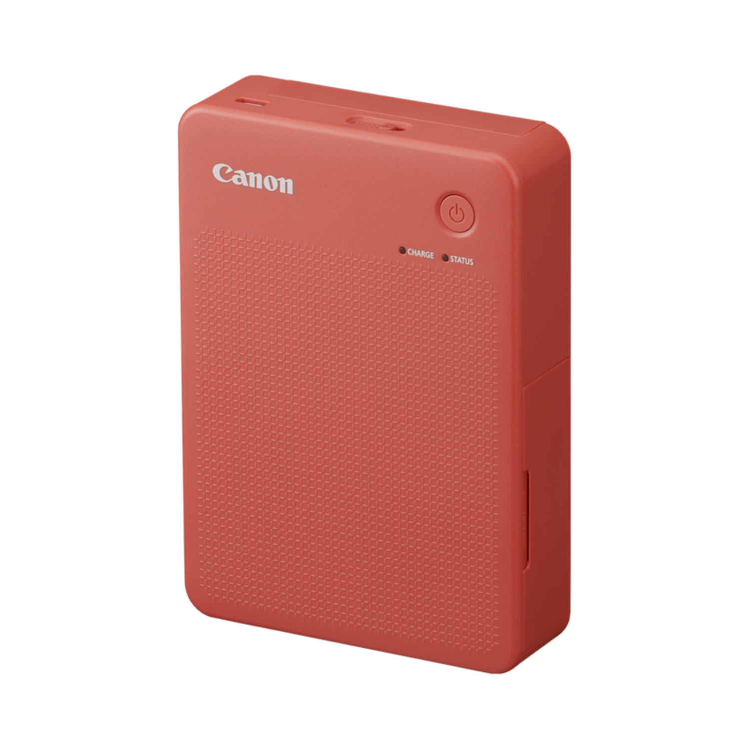 A red Canon printer with a power button, a charge and status indicator, on a black background.