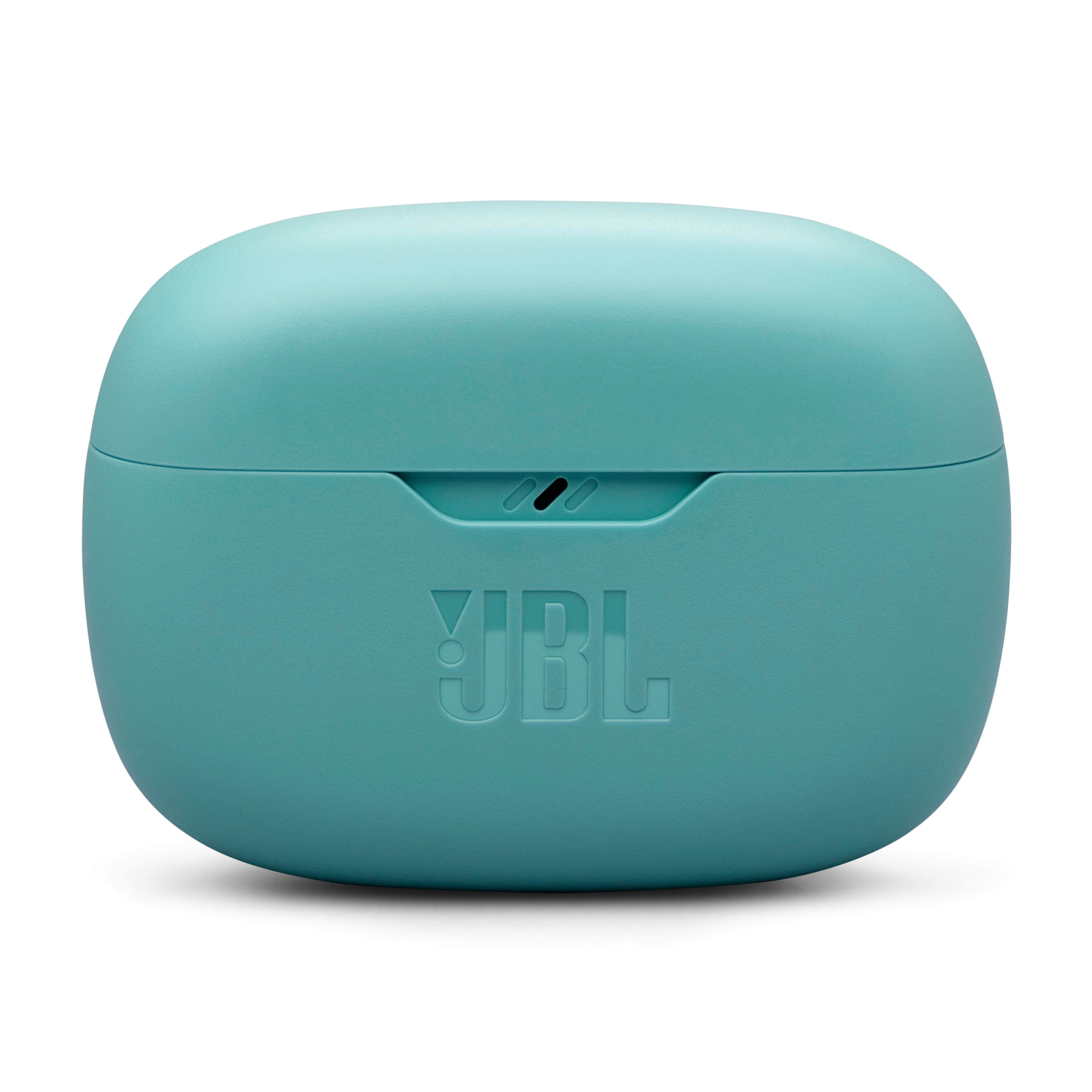 Ein türkis JBL-Ladecase, das den geschlossenen Deckel und das Logo zeigt.
