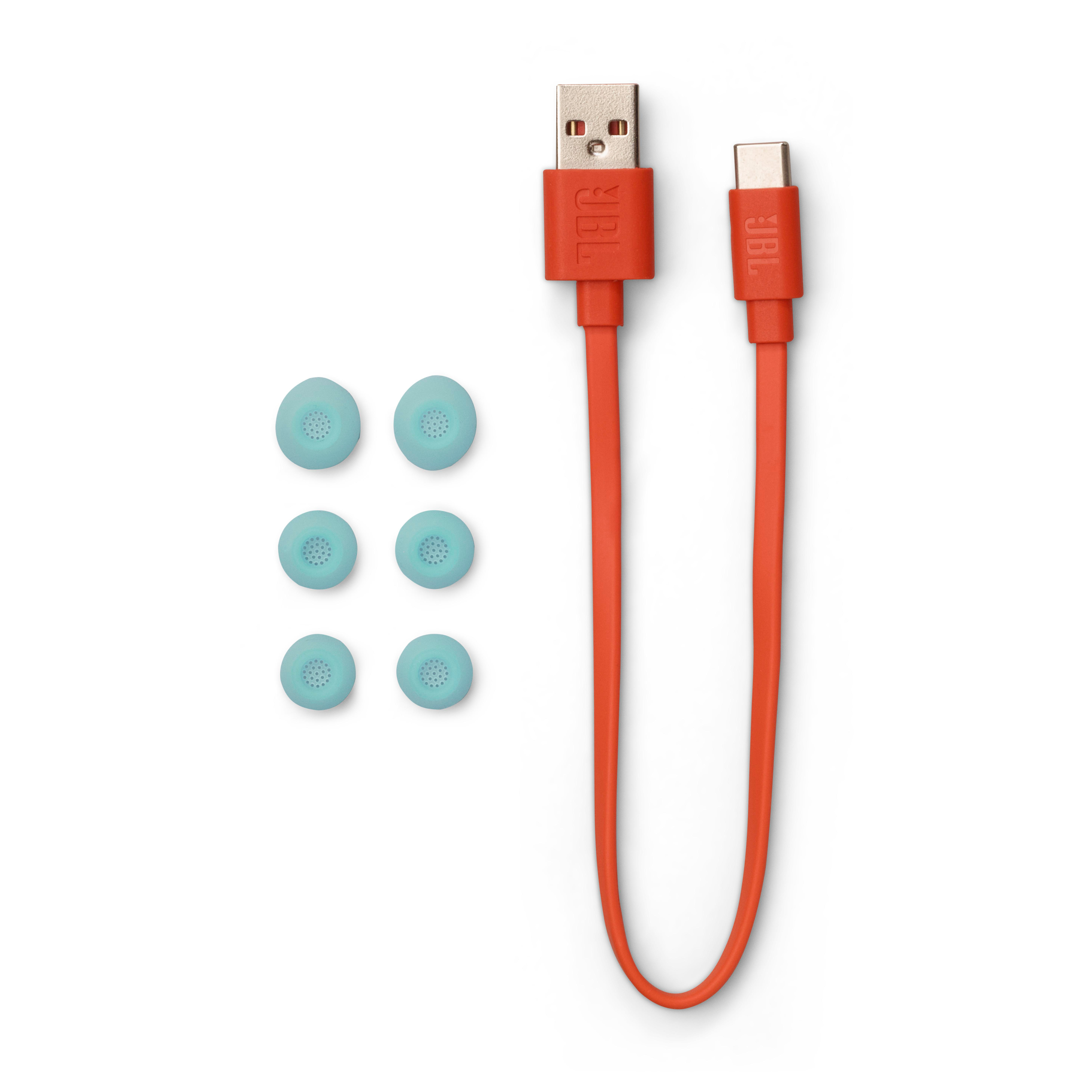 Ein JBL-Ladekabel mit USB-C-Anschluss und sechs blauen Ohrstöpseln auf weißem Hintergrund.