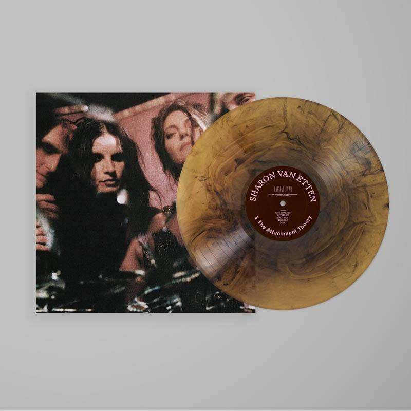 Albumcover: Vinylplatte mit marmoriertem braun-schwarzem Design. Das Albumcover zeigt eine Frau und andere Personen.