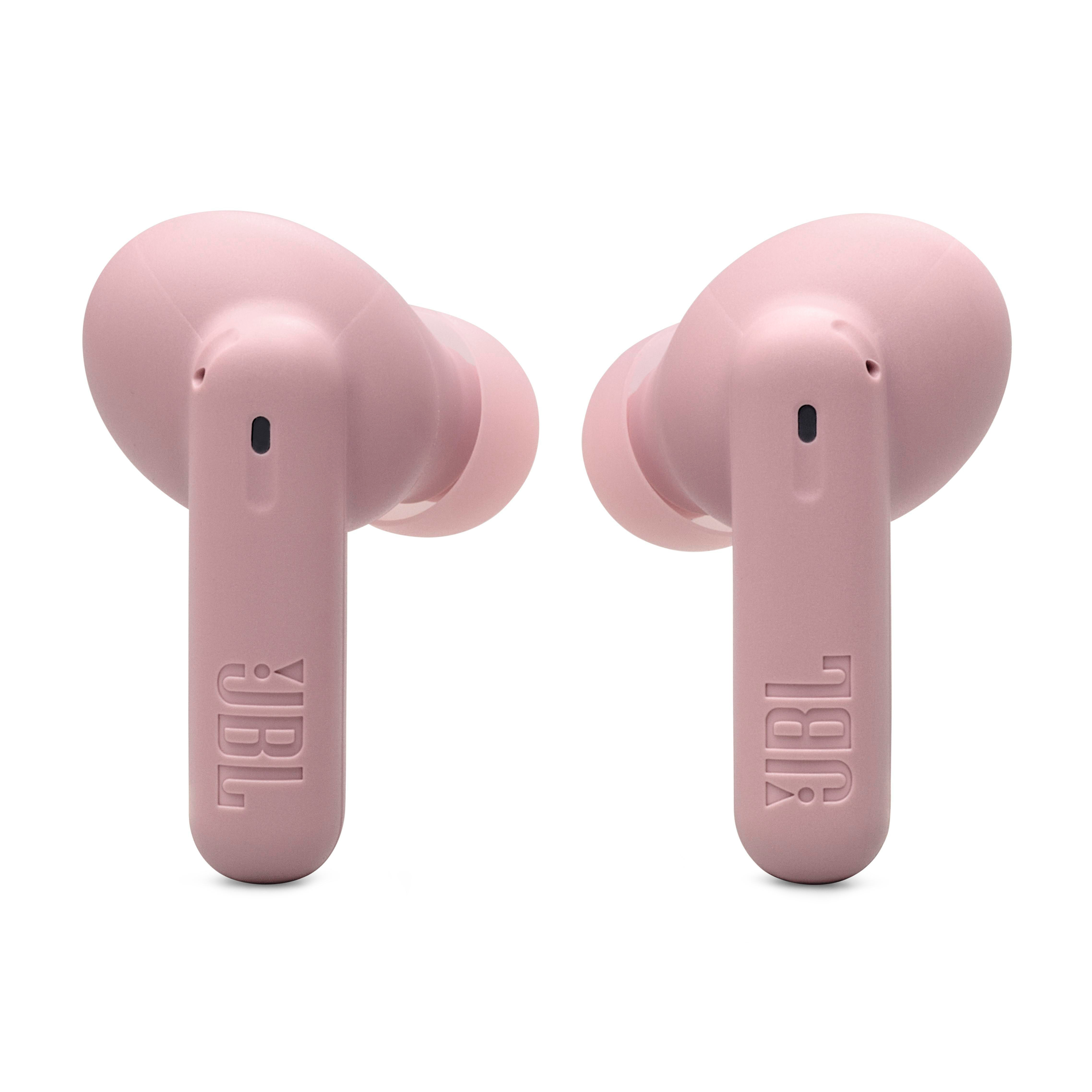 Zwei rosa JBL-Ohrhörer auf einer weißen Oberfläche.