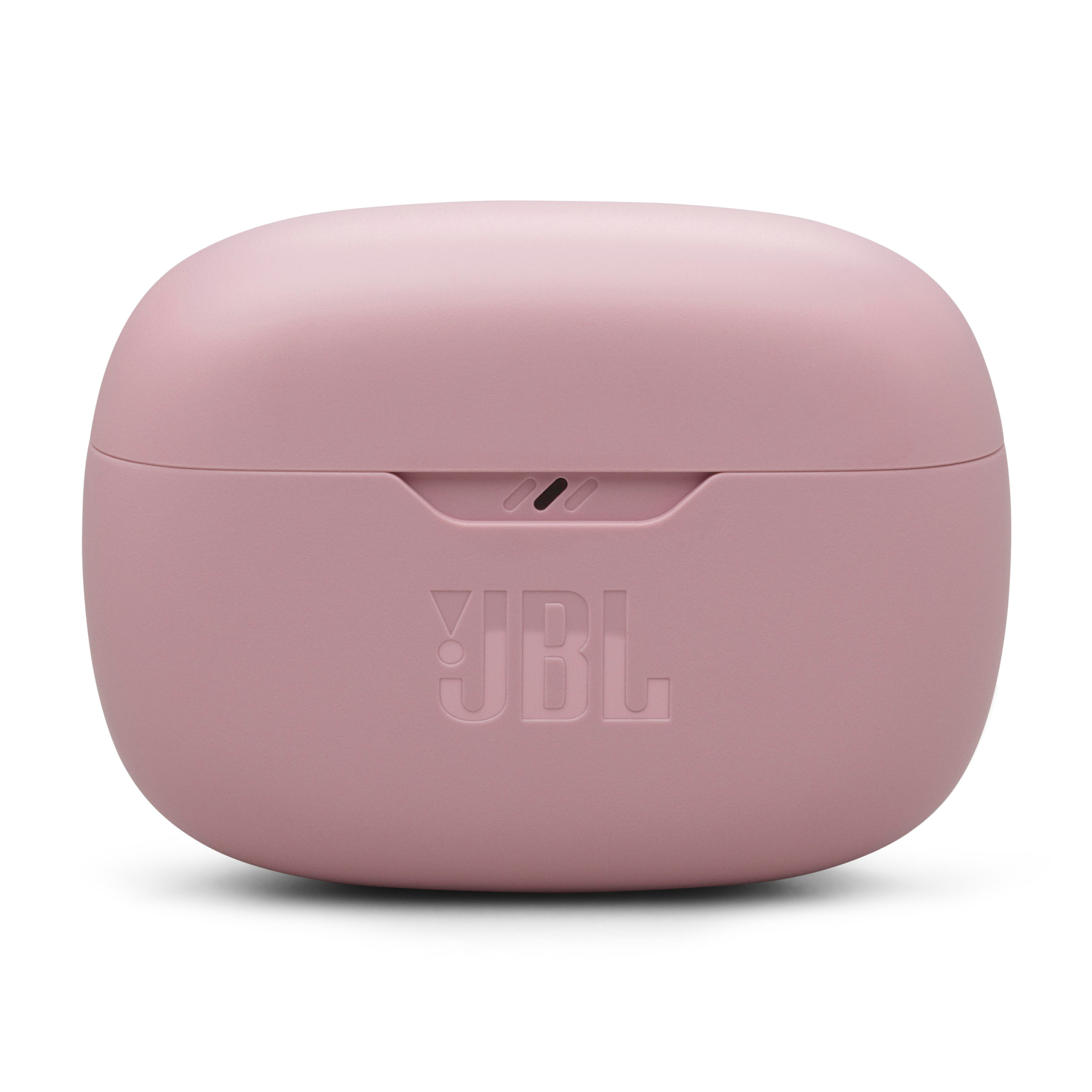 Rosa JBL-Ohrhörer-Ladeetui mit dem Markennamen auf dem Deckel.