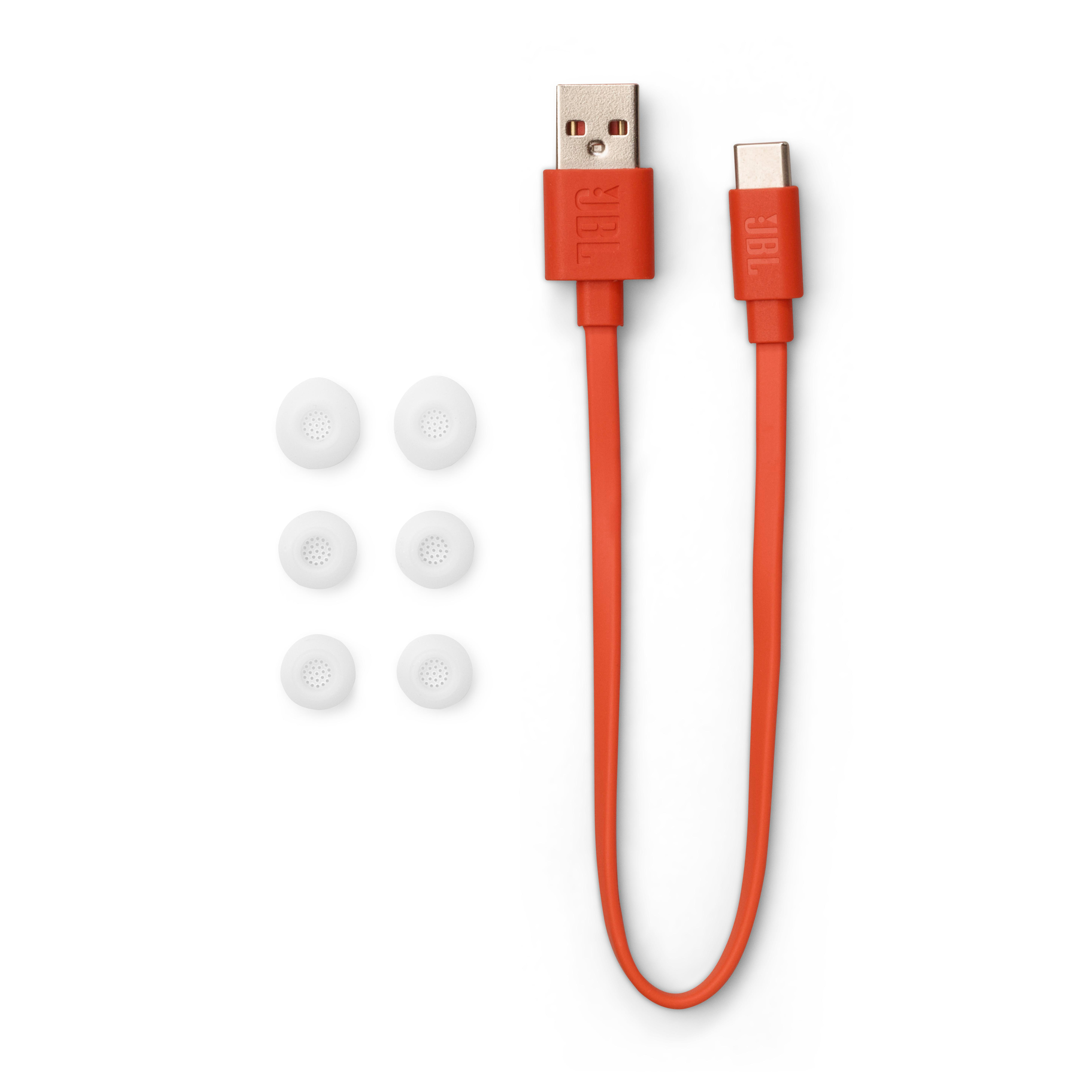 Orangefarbenes JBL USB-C-Kabel, weiße Ohrstöpsel links.