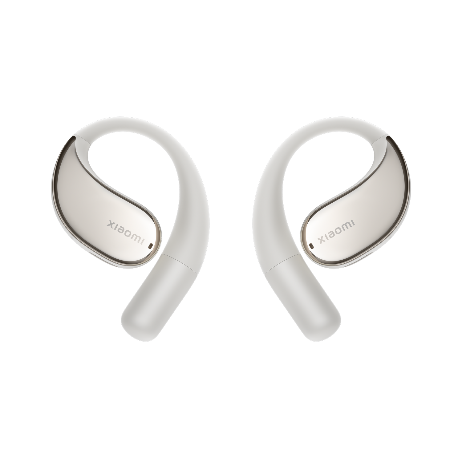 Par de auriculares Xiaomi blancos, forma curva. Fondo negro.