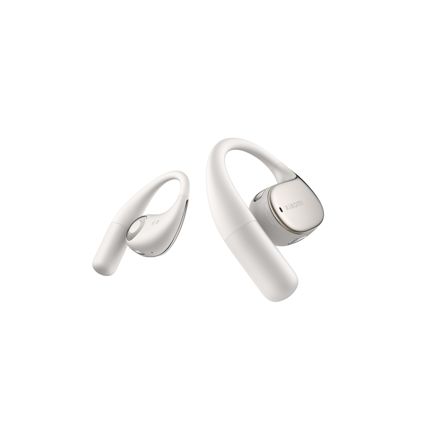 Juego de auriculares inalámbricos blancos, mostrando los auriculares izquierdo y derecho.