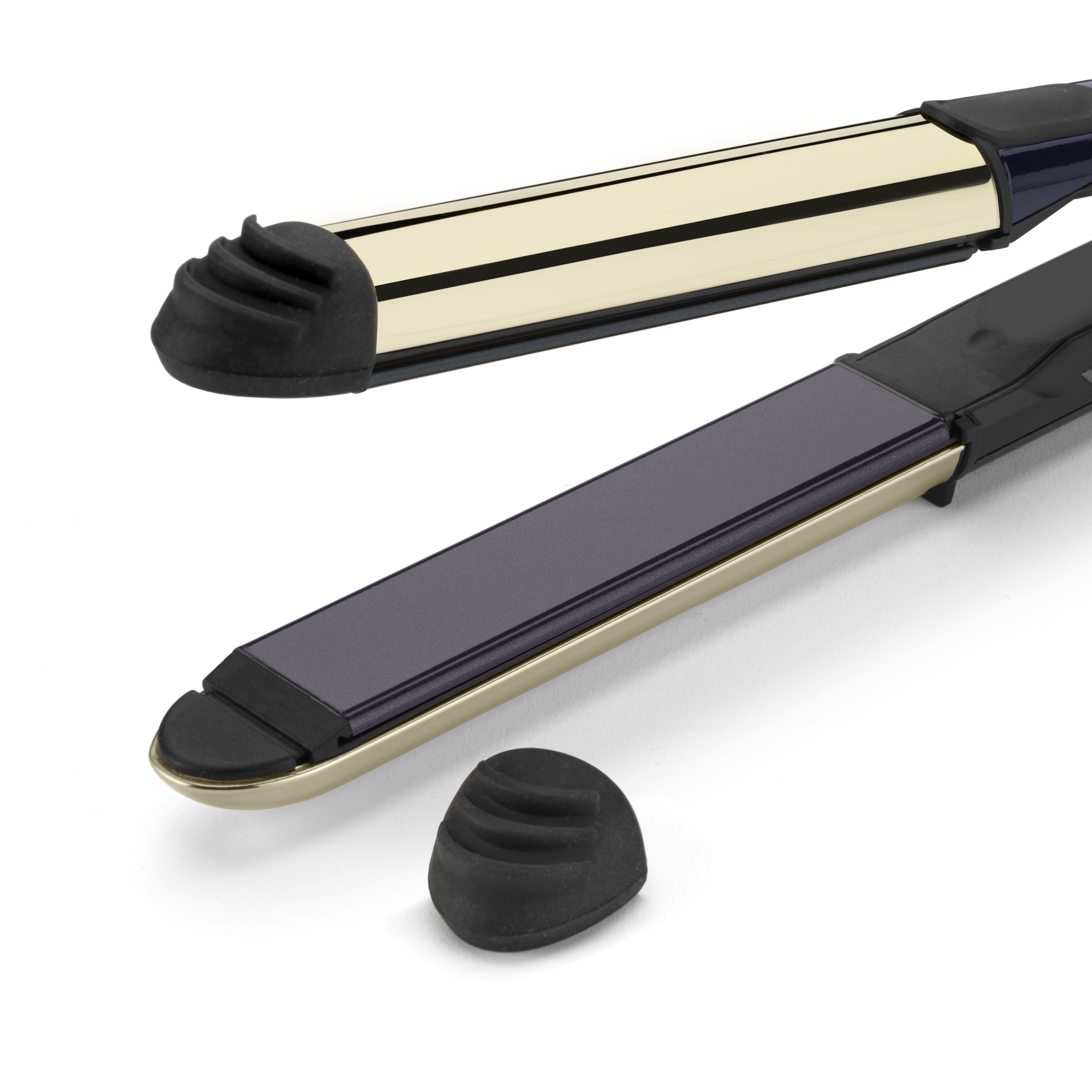 Prostownica do włosów, czarna i złota, widok z boku.