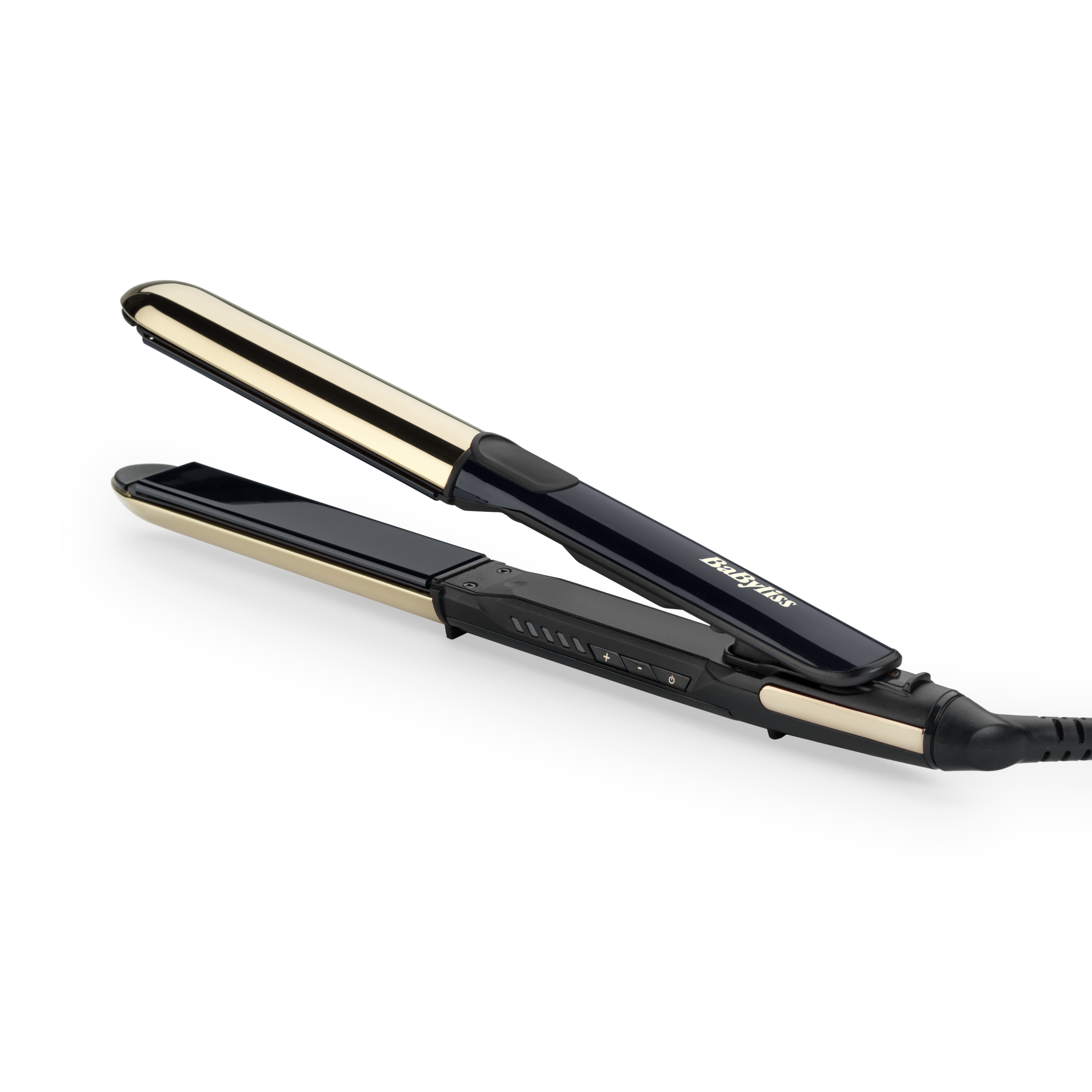 Czarna i złota prostownica do włosów, otwarta, z widoczną marką, na białym tle.