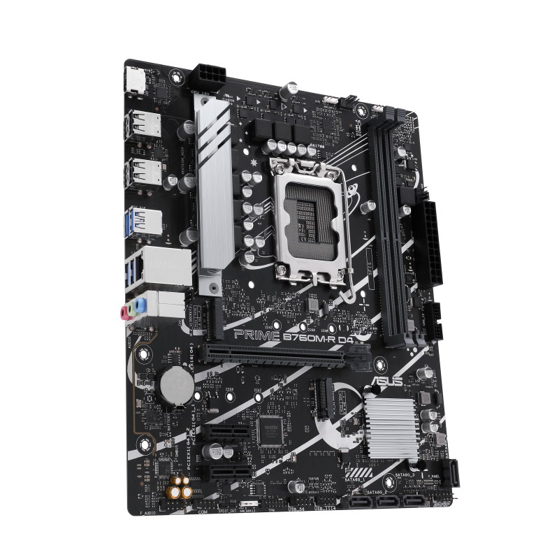 Placa base ASUS PRIME B760M-R D4 en blanco y negro sobre fondo negro.