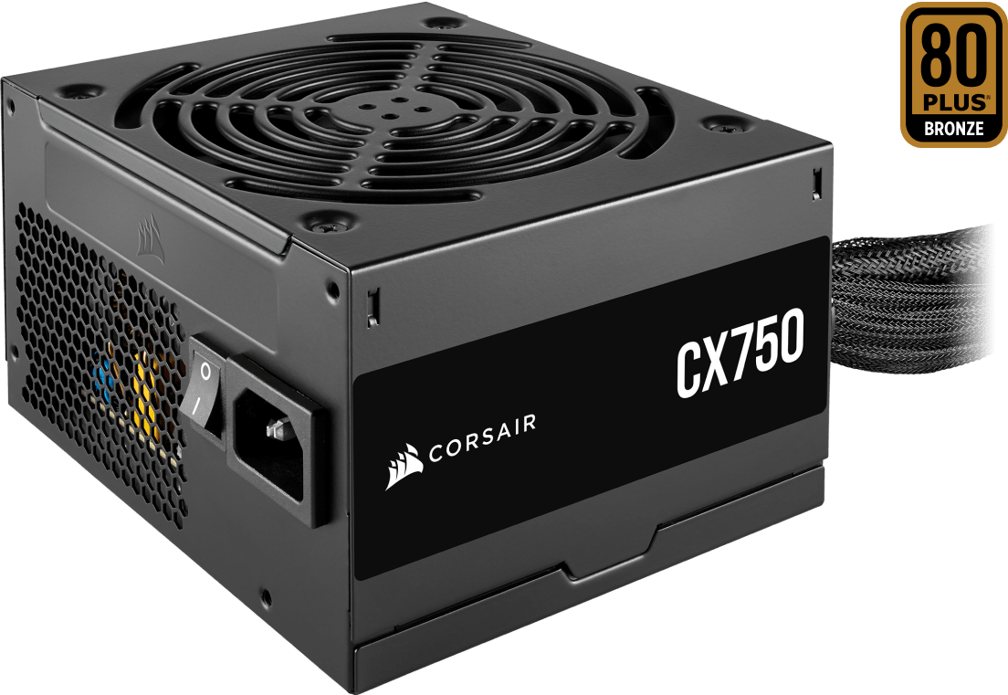 Unidad de fuente de alimentación Corsair CX750 negra con insignia 80 Plus Bronze sobre fondo negro.