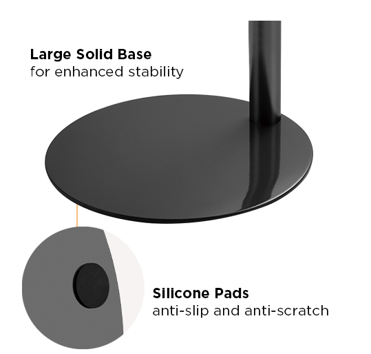 Schwarzer Ständerfuß mit rundem Design und Nahaufnahme des rutschfesten Silikonpads.
