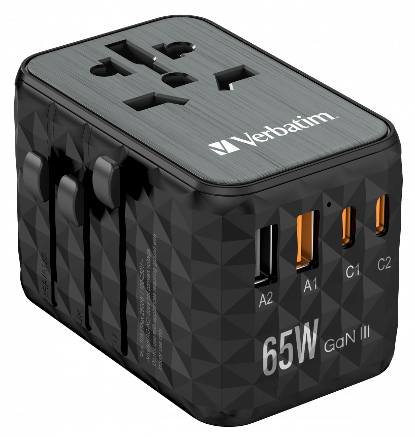 VERBATIM UTA-05 GaN III utazó adapter 2xUSB-C PD 65W QC 4+, 2xUSB-A csatlakozás (32120)