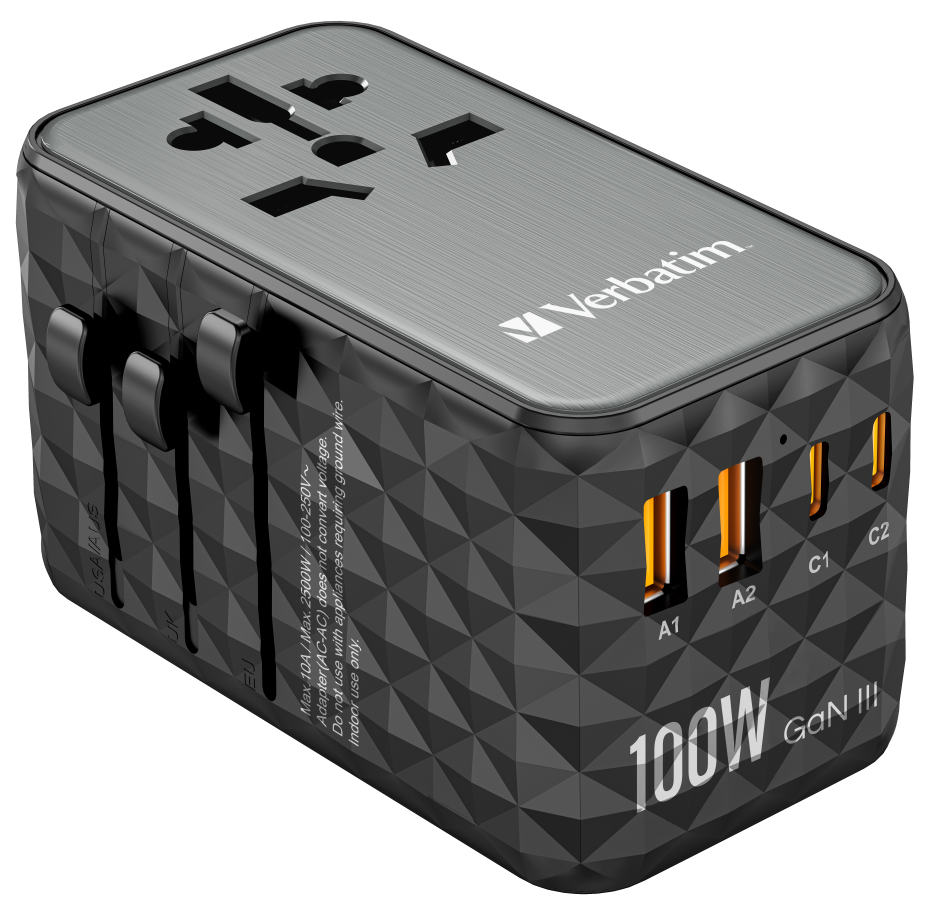 VERBATIM UTA-06 GaN III utazó adapter 2xUSB-C PD 100W QC 4+, 2xUSB-A 3.0 csatlakozás (32121)