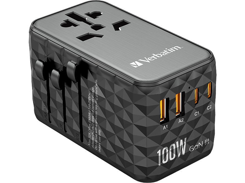 VERBATIM UTA-06 GaN III utazó adapter 2xUSB-C PD 100W QC 4+, 2xUSB-A 3.0 csatlakozás (32121)