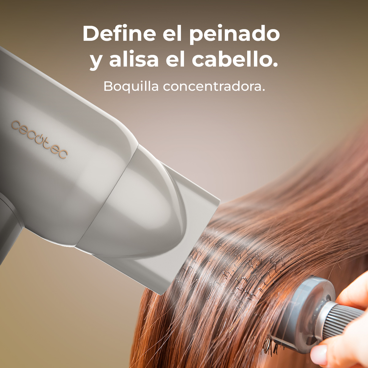 Cabello de mujer peinado con secador y cepillo. Texto en español.