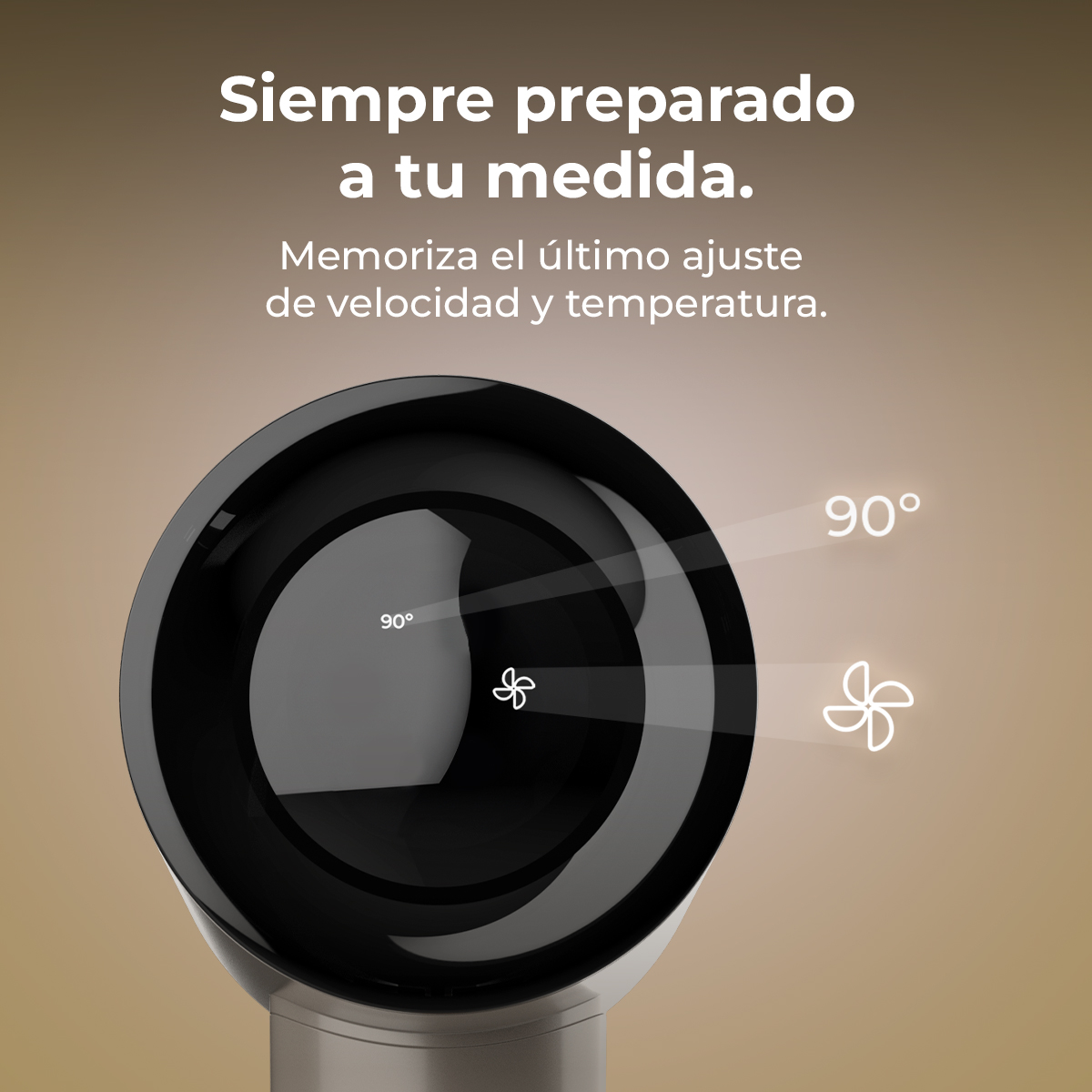 Ventilador negro con pantalla digital que muestra 90 grados.