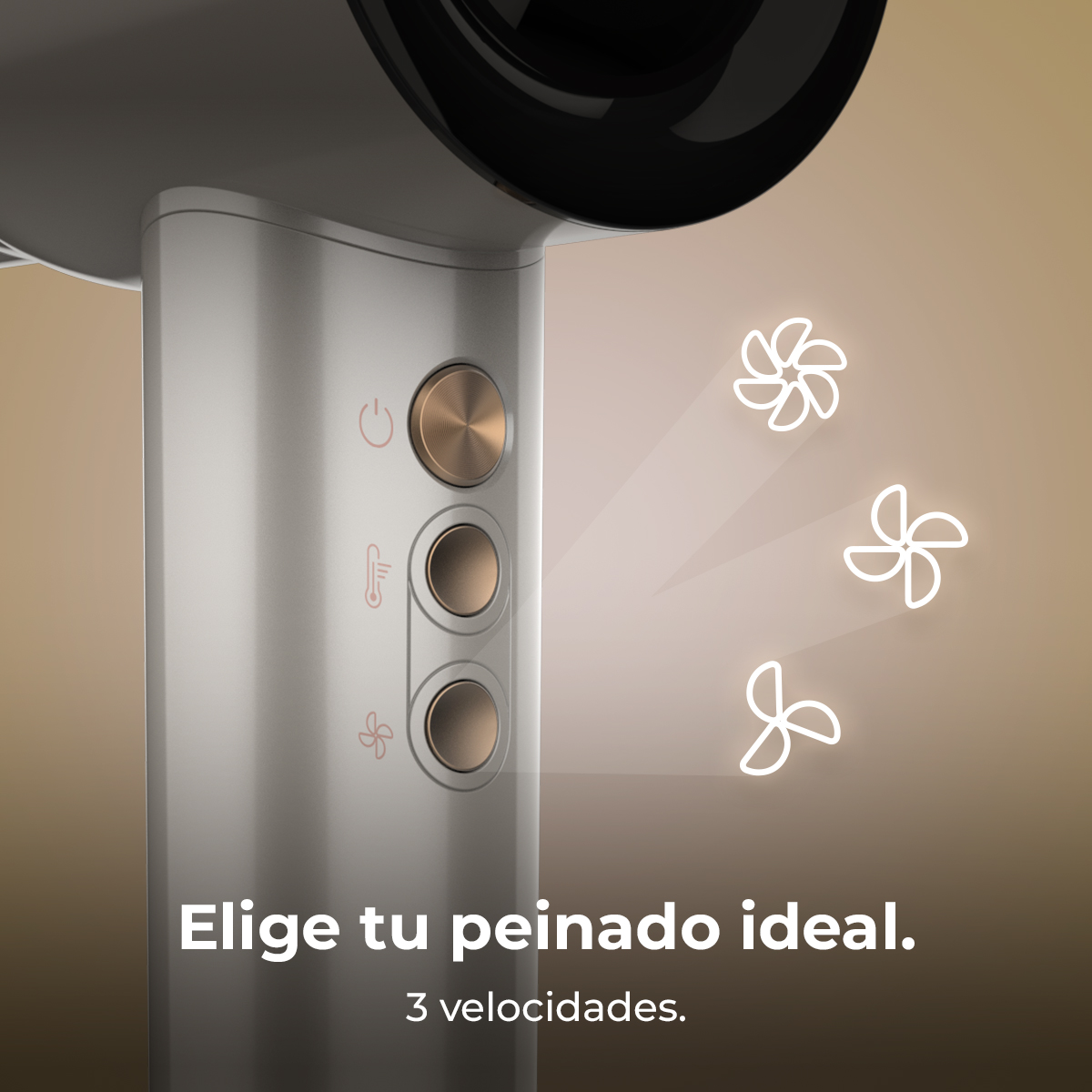 Primer plano de un secador de pelo con tres botones e iconos de ventilador estilizados. El texto dice "Elige tu peinado ideal."