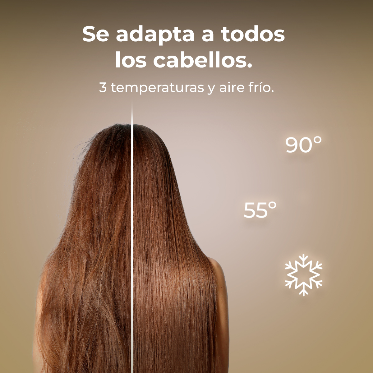 Se muestra el cabello de una mujer siendo alisado. El lado derecho es liso, el izquierdo es rizado. Números visibles.