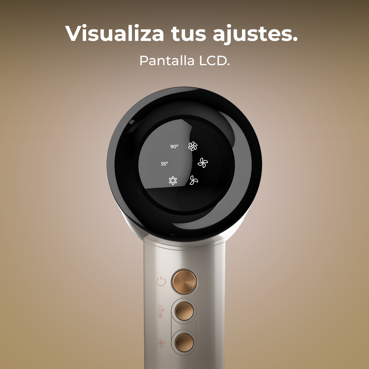 Un dispositivo con parte superior negra y botones dorados, que muestra la configuración en pantalla.