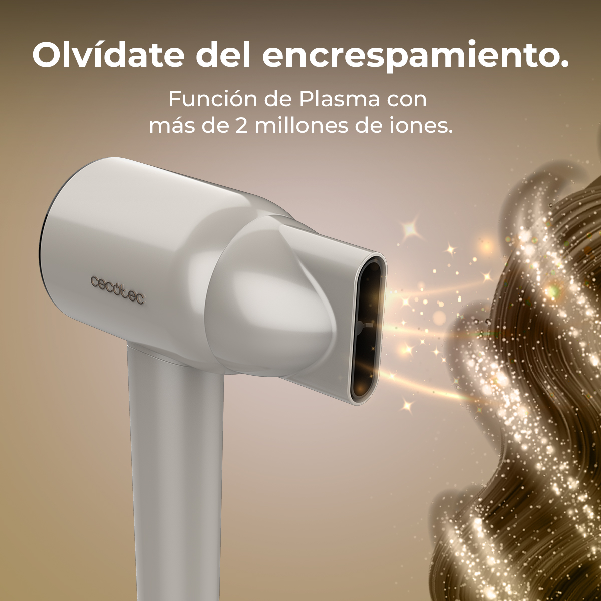 Un secador de pelo blanco con el texto 'Olvídate del encrespamiento' y una hebra de cabello resaltada.