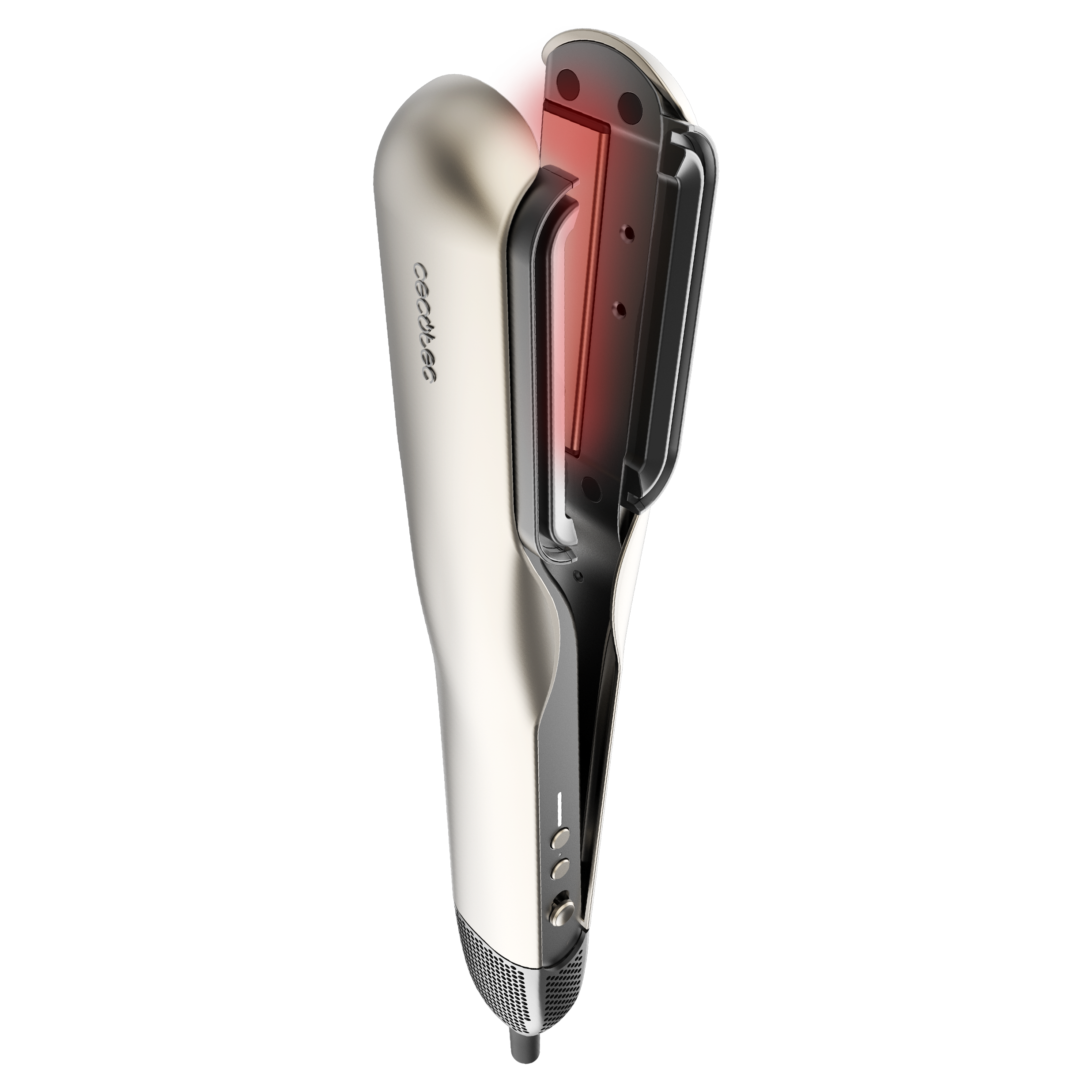 Plancha de pelo abierta con elementos calefactores rojos, diseño blanco y plateado.
