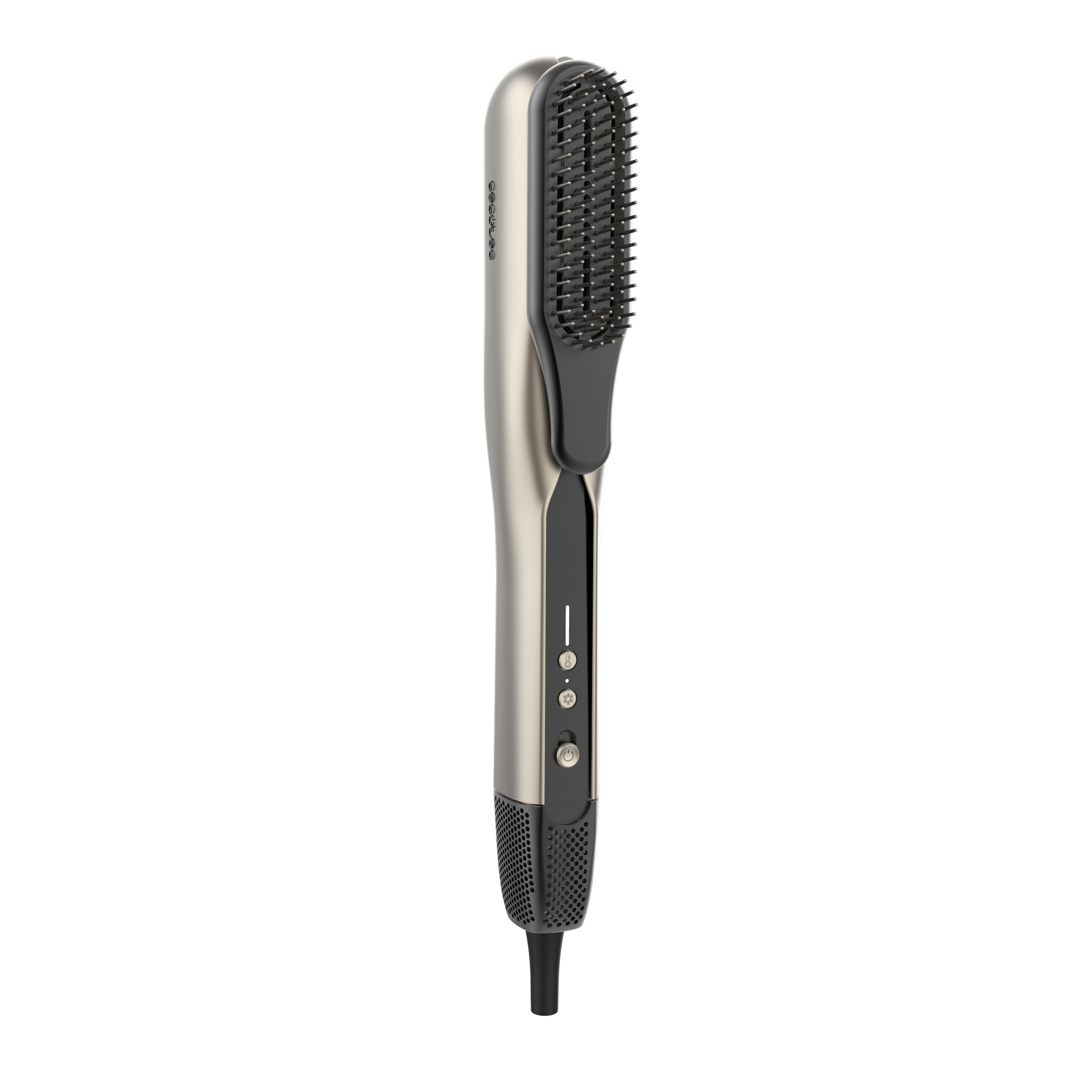 Cepillo alisador de cabello, plateado y negro, con botones y cable de alimentación, aislado sobre negro.