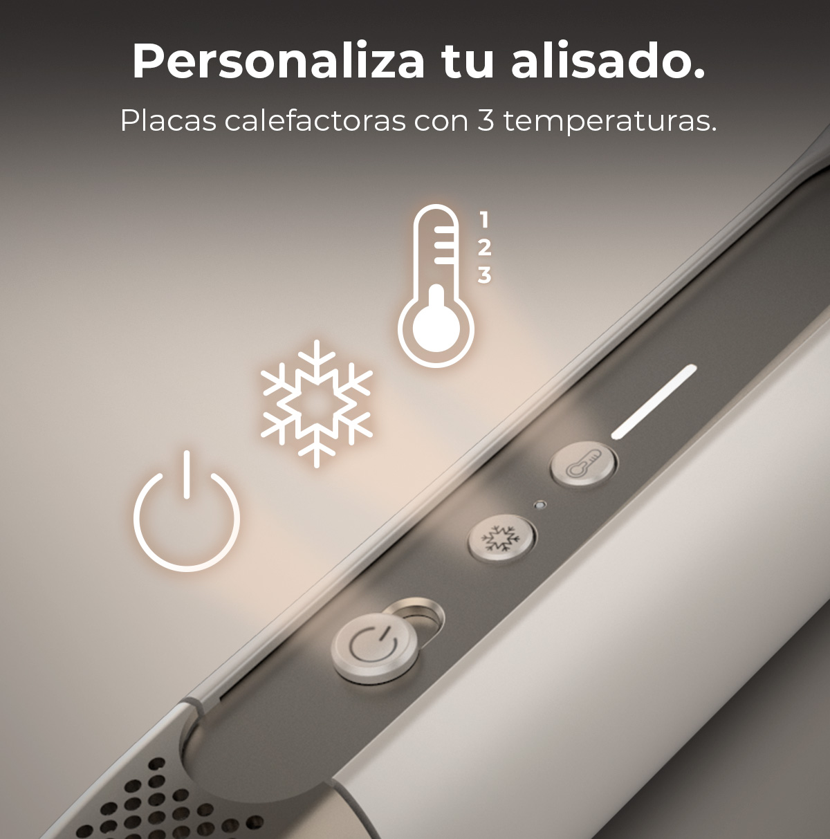 Primer plano de una plancha de pelo con ajustes de temperatura y controles. Tonos blancos y grises.