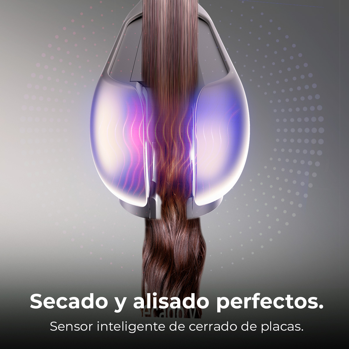 Secador de pelo con hebras de cabello. Texto: secado y alisado perfectos.