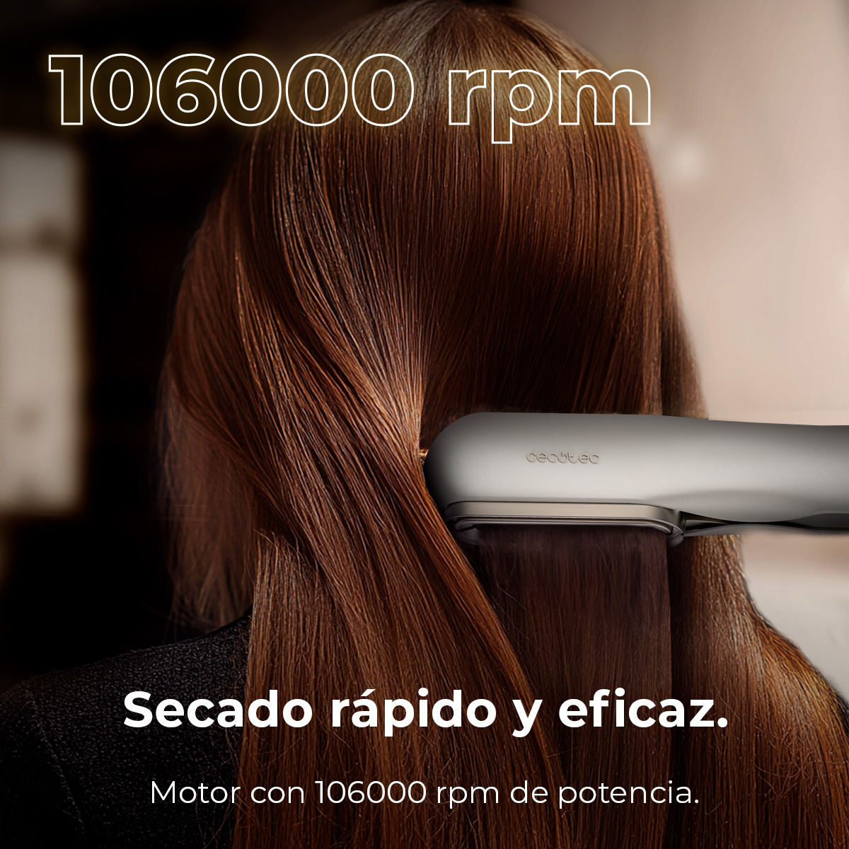 Una mujer se seca el pelo con un secador. El texto indica altas rpm.