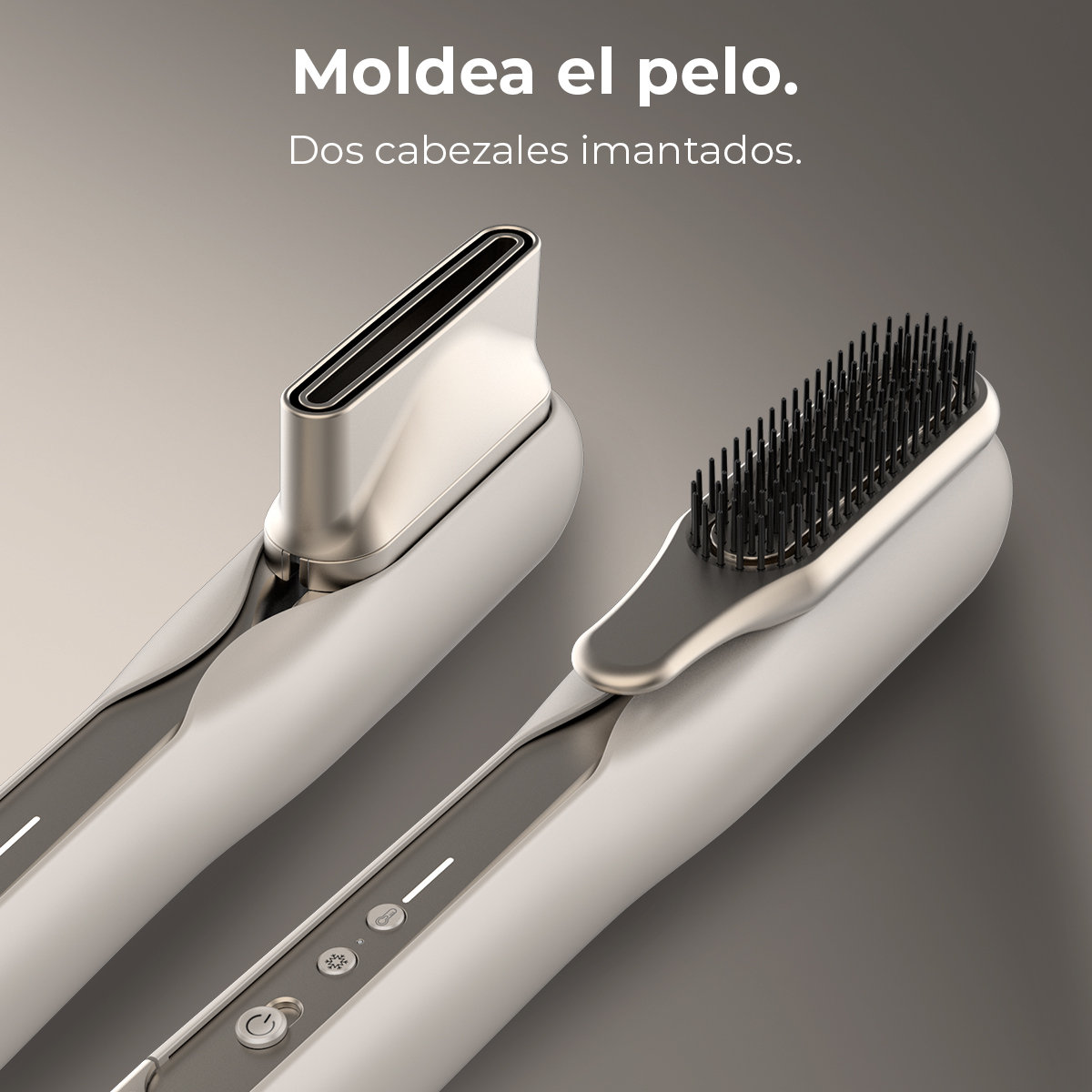 Dos herramientas de peinado con el texto 'Moldea el pelo'. Una tiene un peine, otra tiene una boquilla.