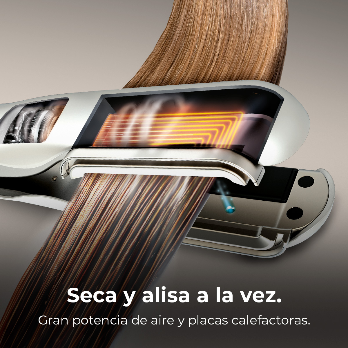 Plancha de pelo con placas calefactoras brillantes y mechones de pelo. Texto: Seca y alisa a la vez.