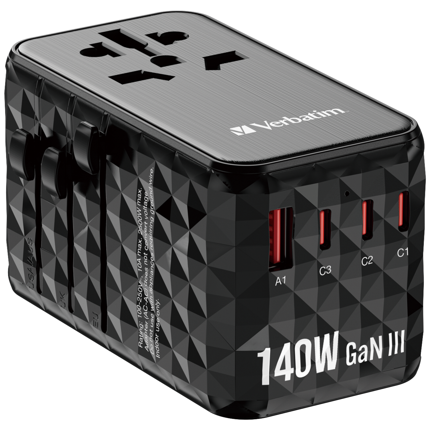 VERBATIM UTA-10 GaN III utazó adapter 2xUSB-C PD 140W QC 4+, 2xUSB-A 3.0 csatlakozás (32125)