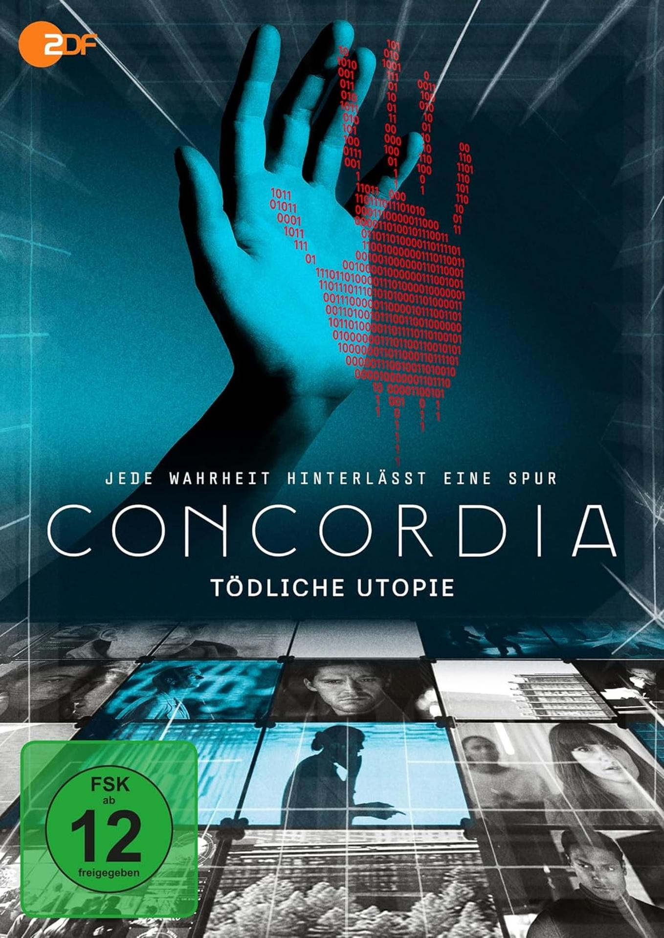 Filmposter für 'Concordia', zeigt eine Hand mit Binärcode und verschiedene Gesichter in einem Raster.