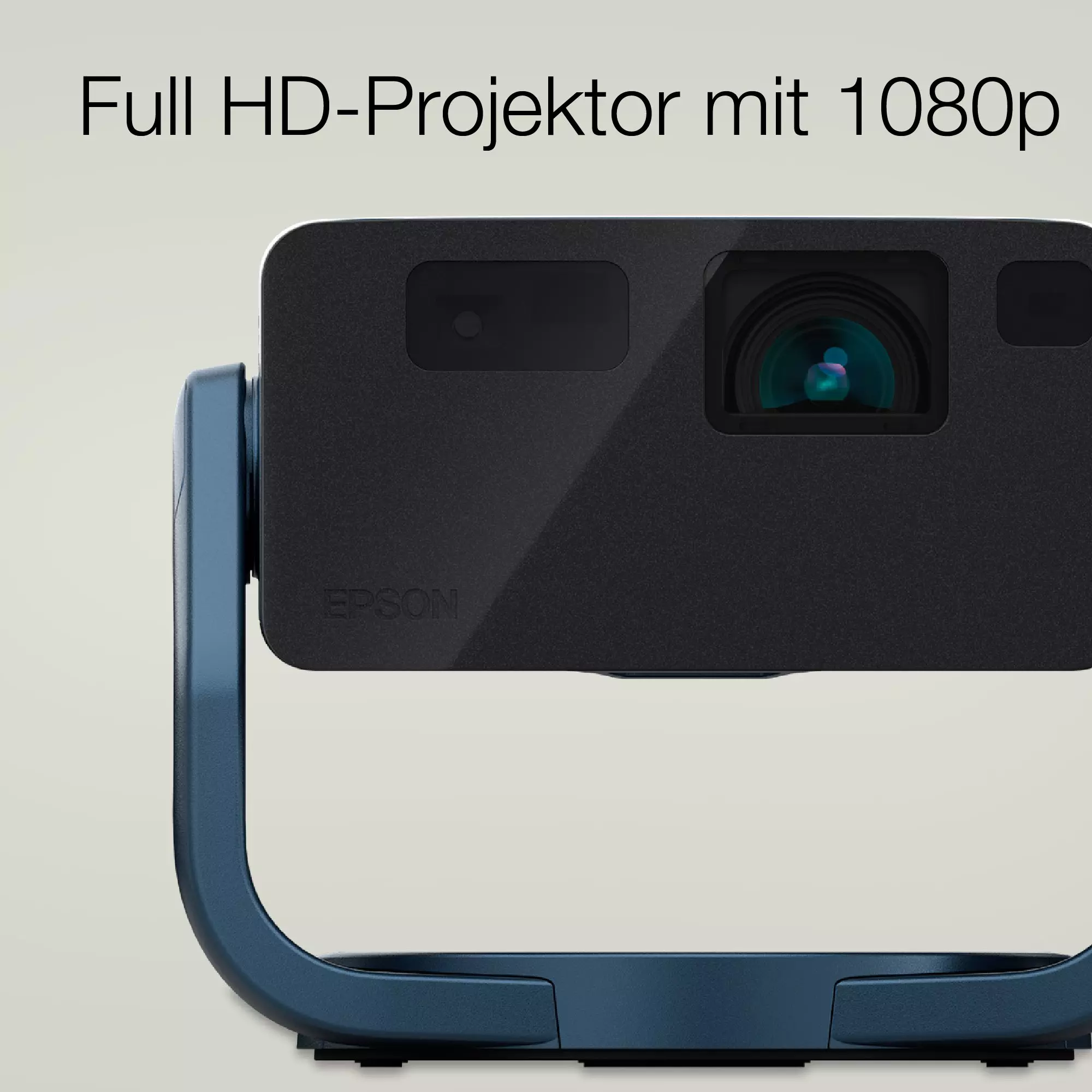 Ein schwarzer Projektor mit blauem Ständer, Nahaufnahme. Text: 'Full HD-Projektor mit 1080p' und Epson Logo.