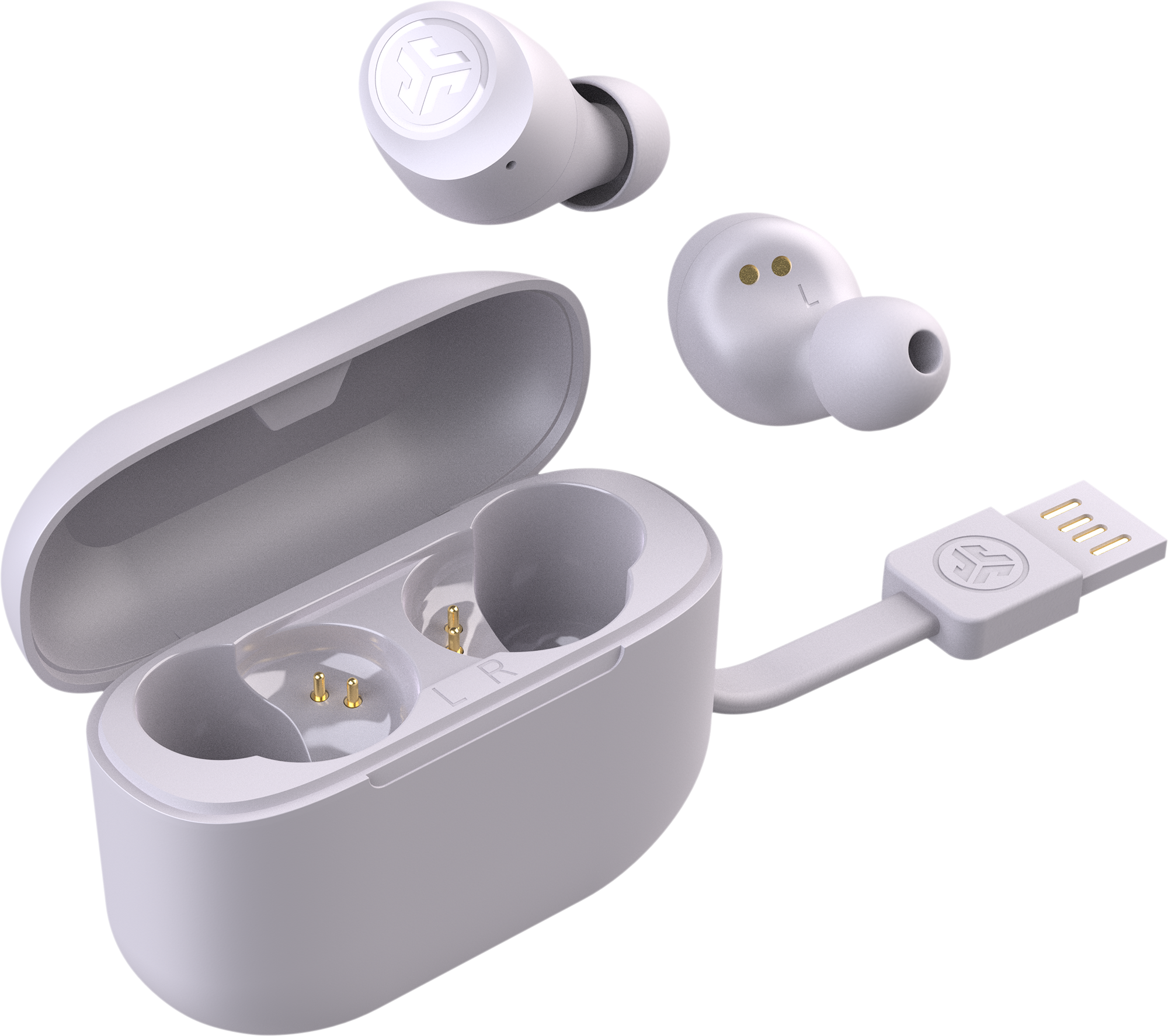 Fehér fülhallgató, töltőtok és USB-kábel fekete háttérrel. Két fülhallgató külön.