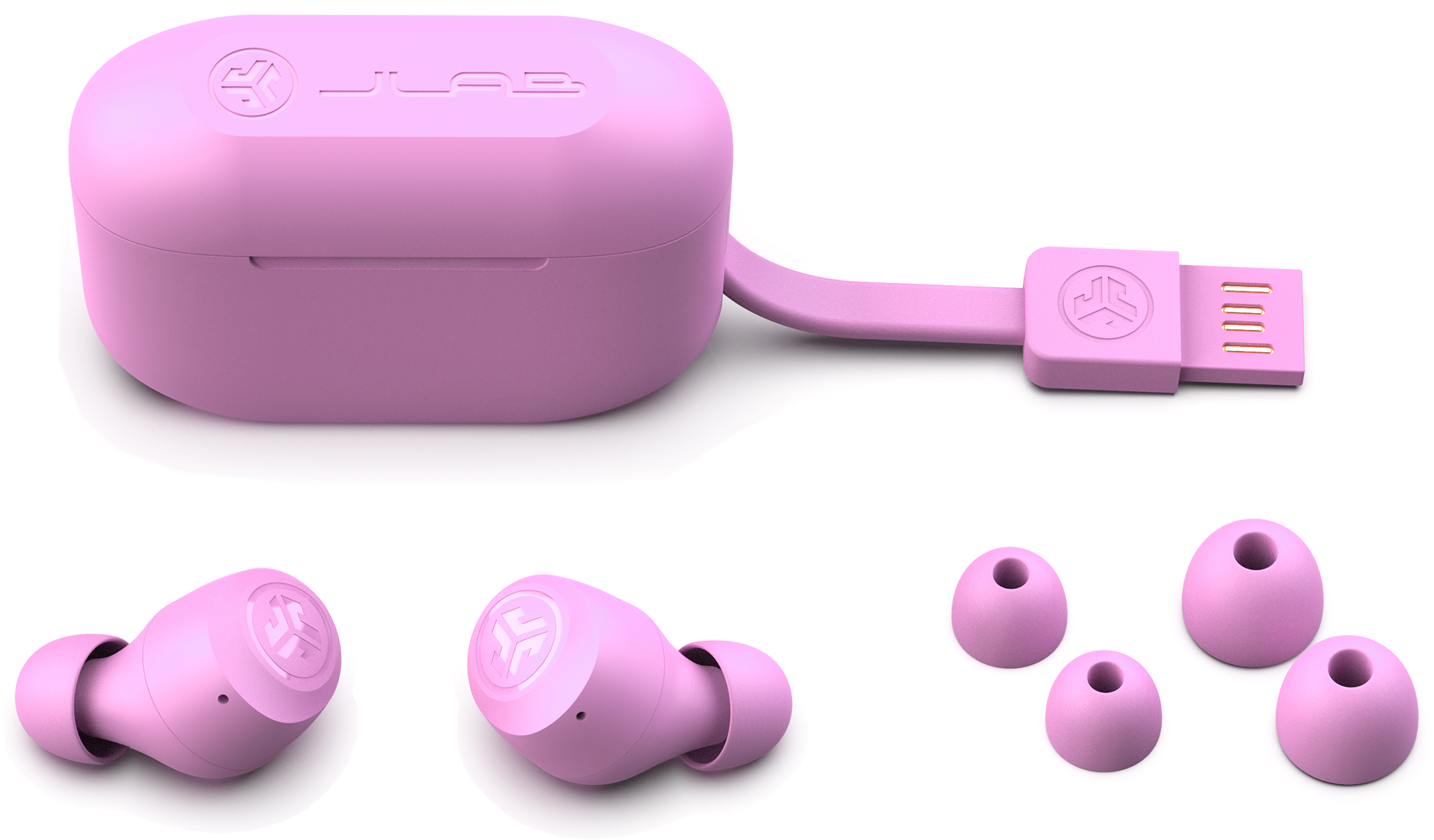 Rózsaszín fülhallgatók, egy USB-C kábellel ellátott töltőtok és extra fülcsúcsok. Fehér háttér.