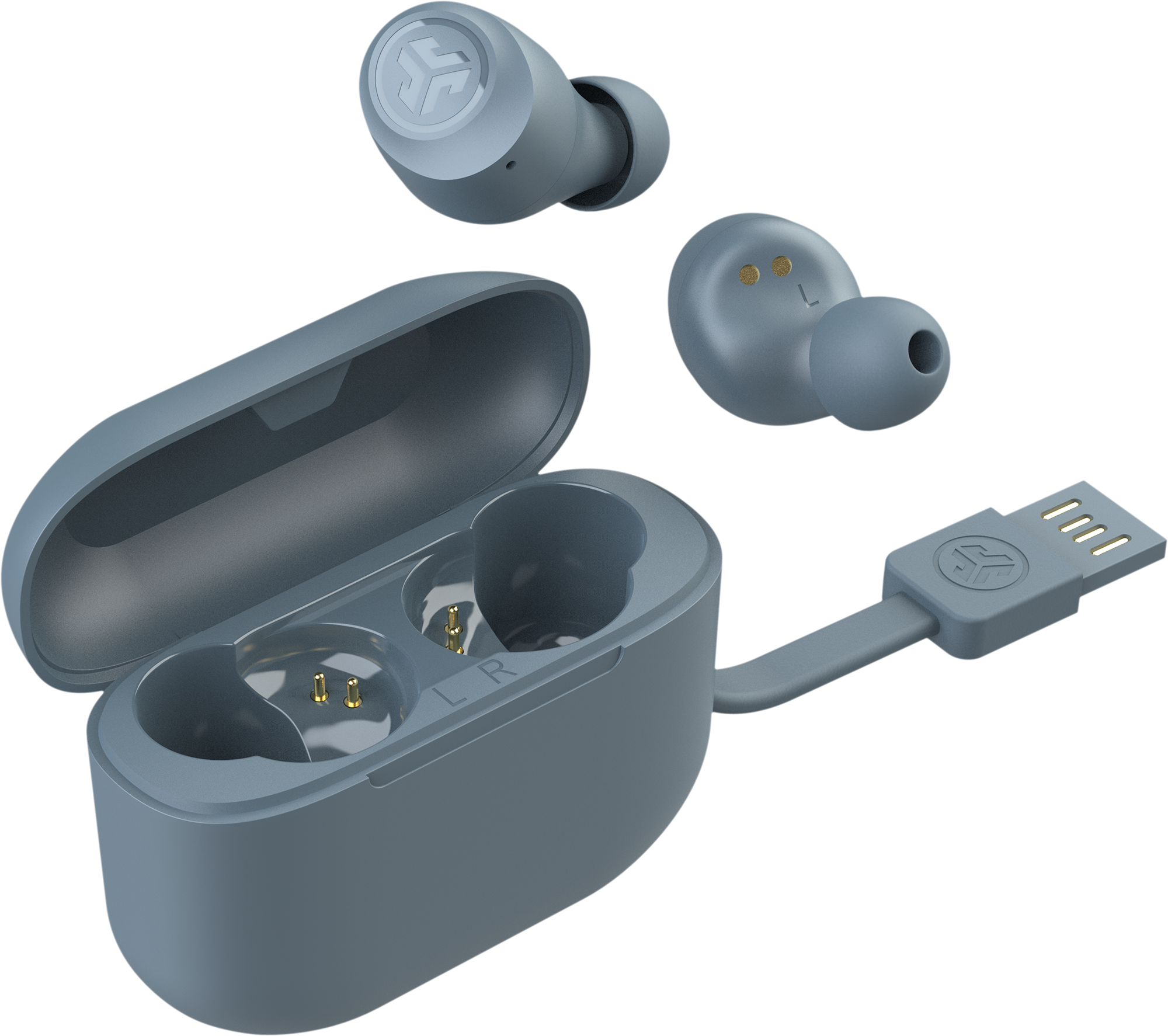 Kék vezeték nélküli fülhallgatók, nyitott töltőtok USB kábellel.