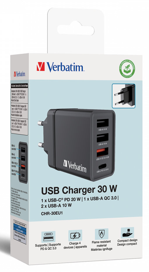 Fekete USB töltő 30W csomagolás töltővel és részletekkel, Verbatim logó látható.