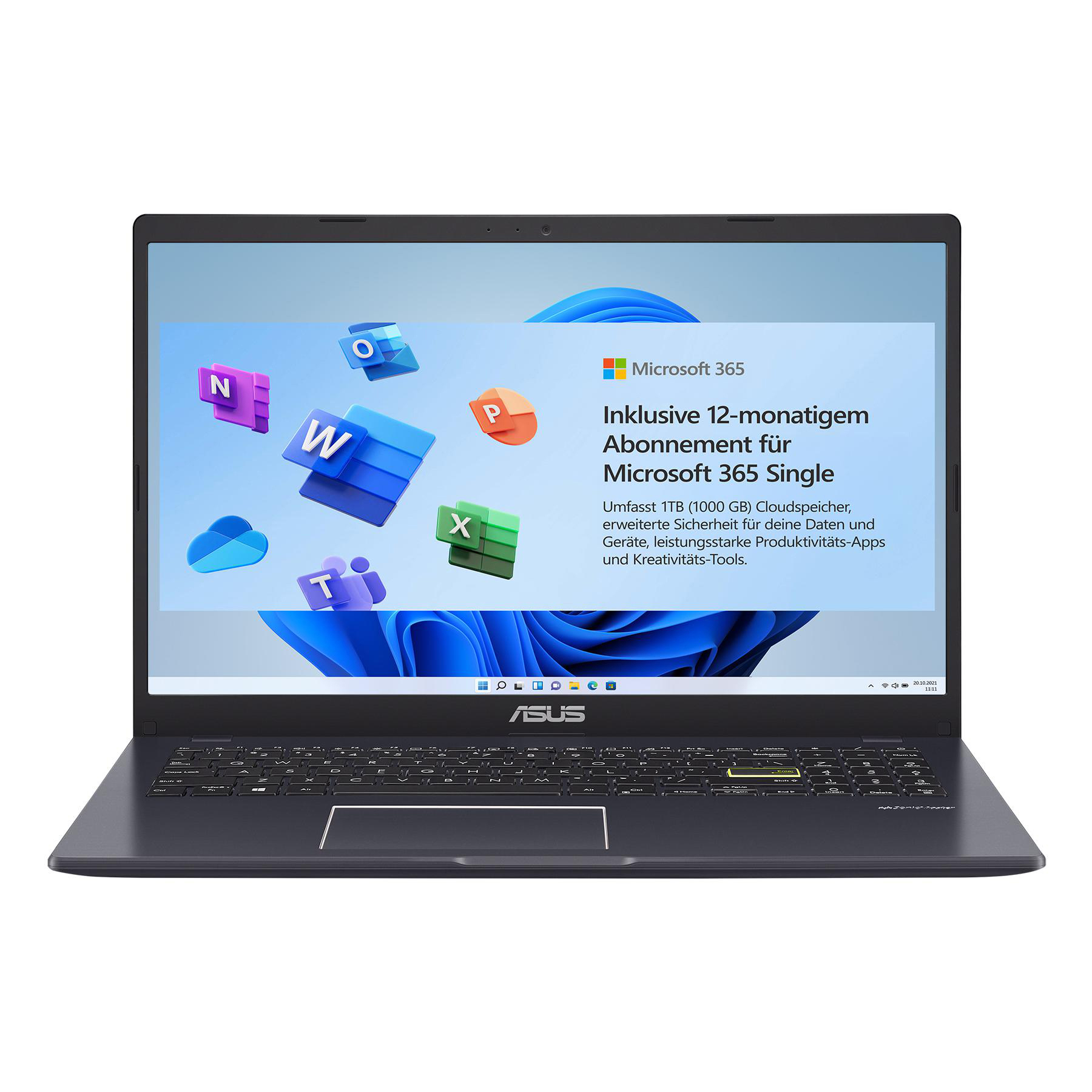 Laptop mit Microsoft 365 auf dem Bildschirm, ASUS-Logo darunter, und hellem Hintergrund.