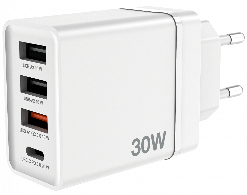Fehér USB töltő, három USB porttal és dugóval, 30W felirattal.