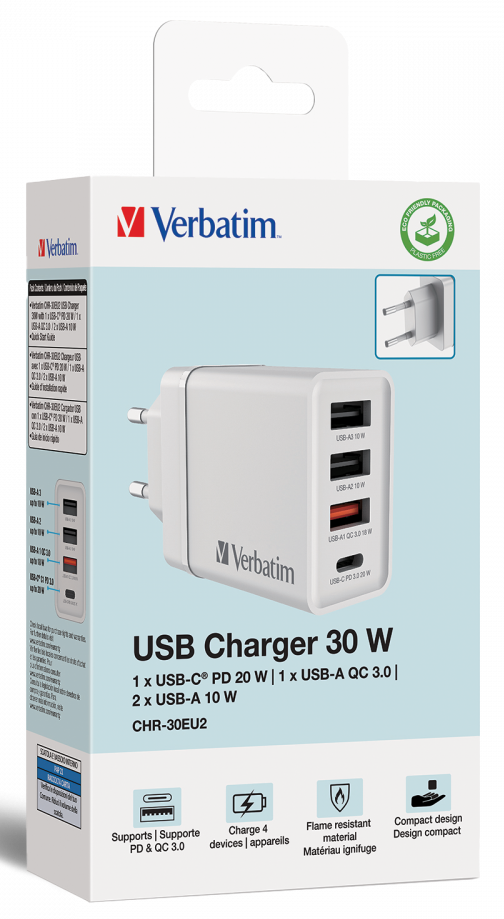 Fehér USB töltő több porttal. A doboz a töltő adatait mutatja.