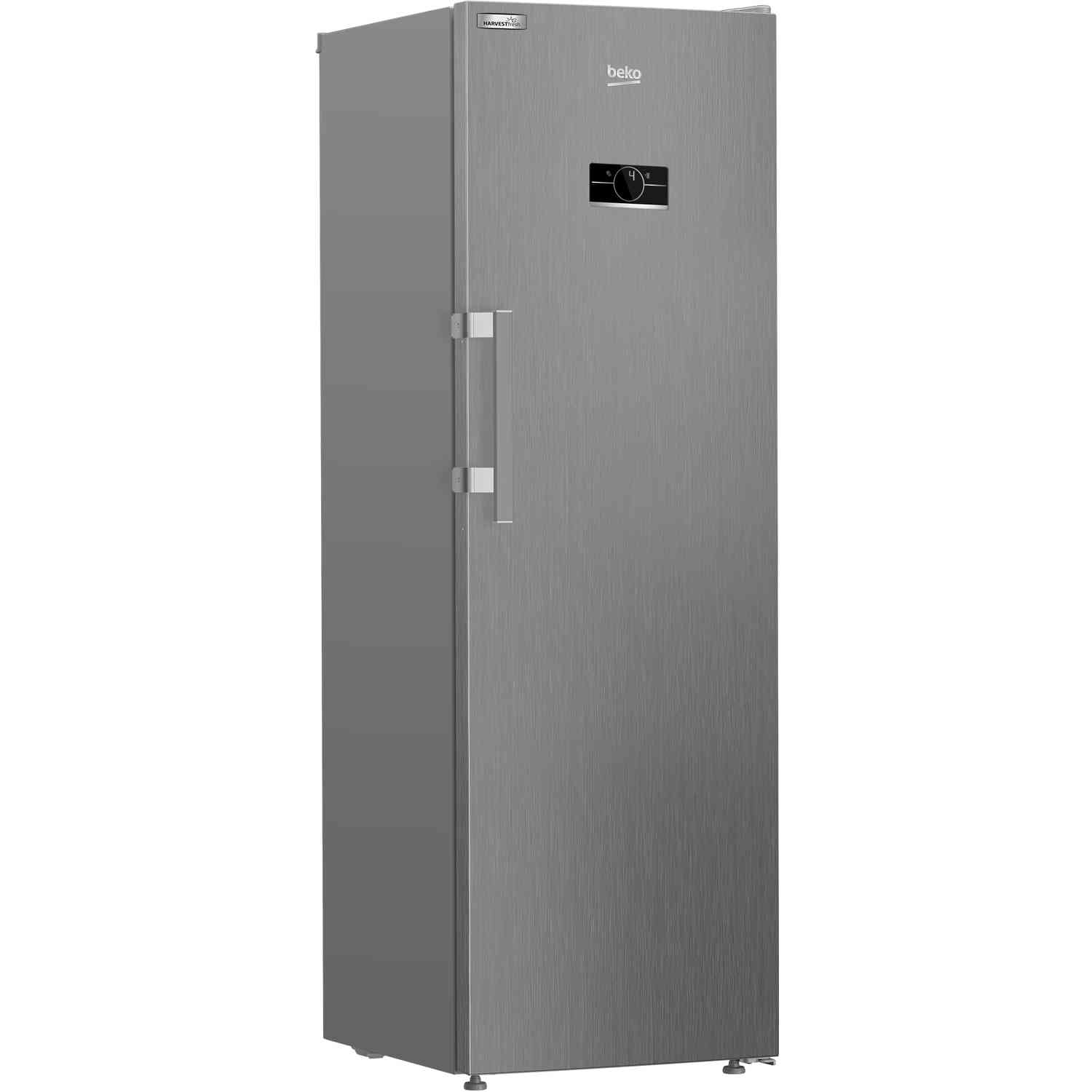 Réfrigérateur Beko argenté, vue complète, debout.