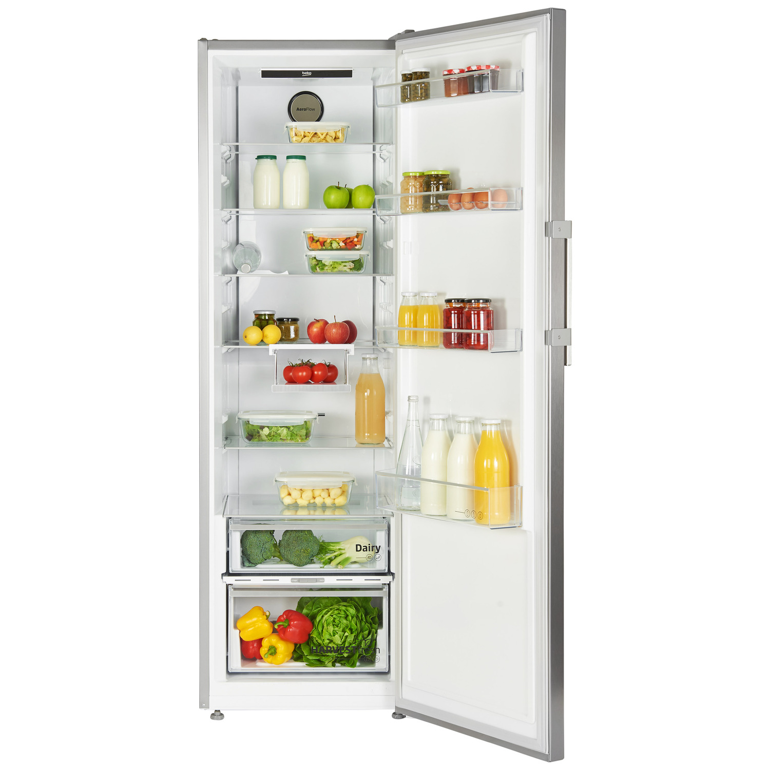 Un réfrigérateur avec la porte ouverte, montrant divers aliments sur les étagères et dans les tiroirs.