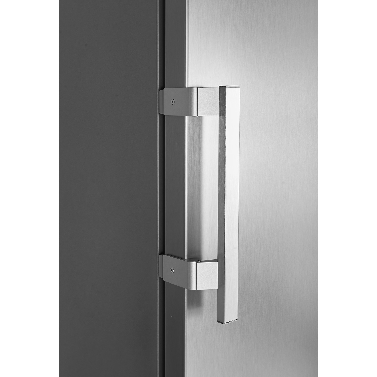 Une poignée de porte en acier inoxydable sur une porte argentée.