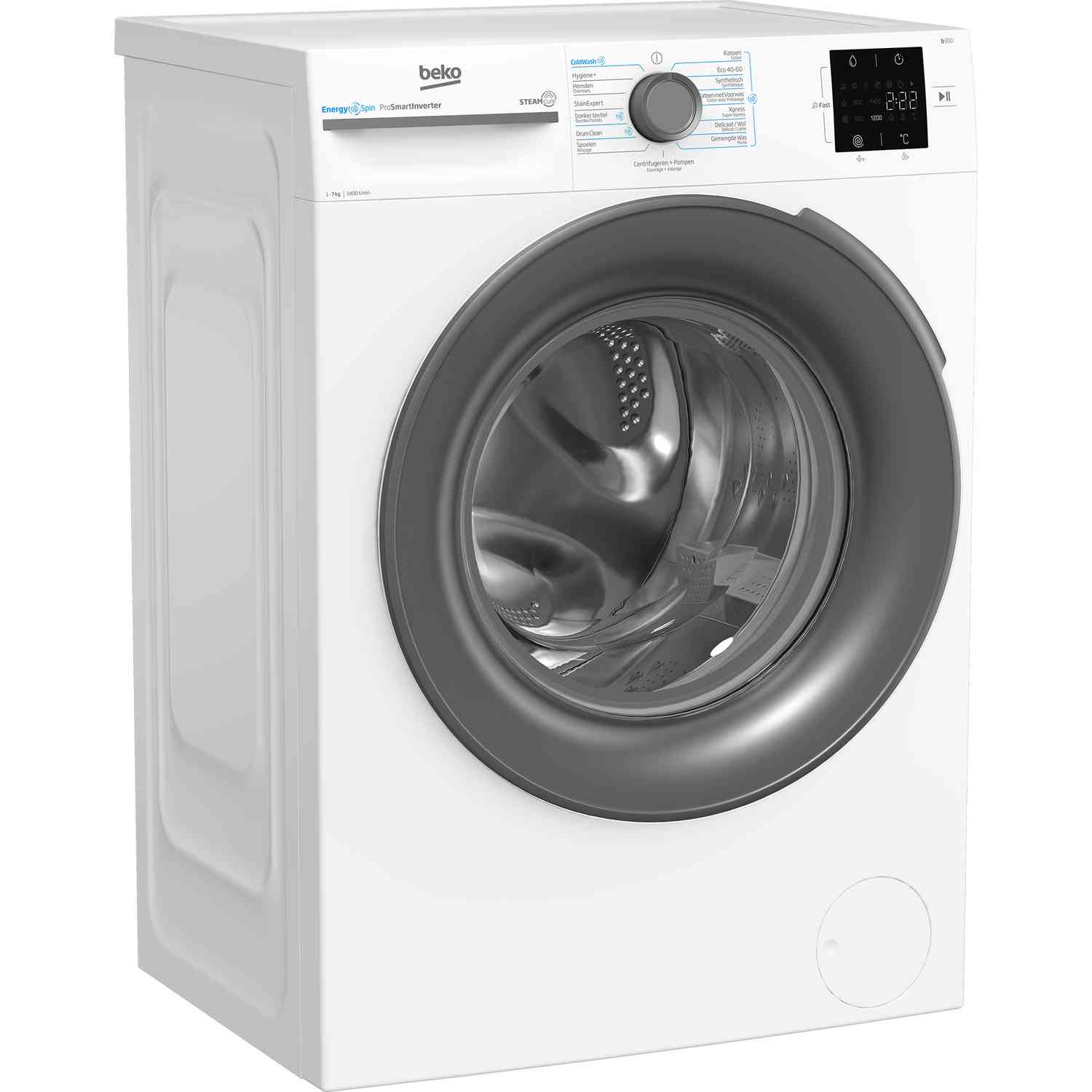 A white washing machine with a black door. The control panel is visible on the top.