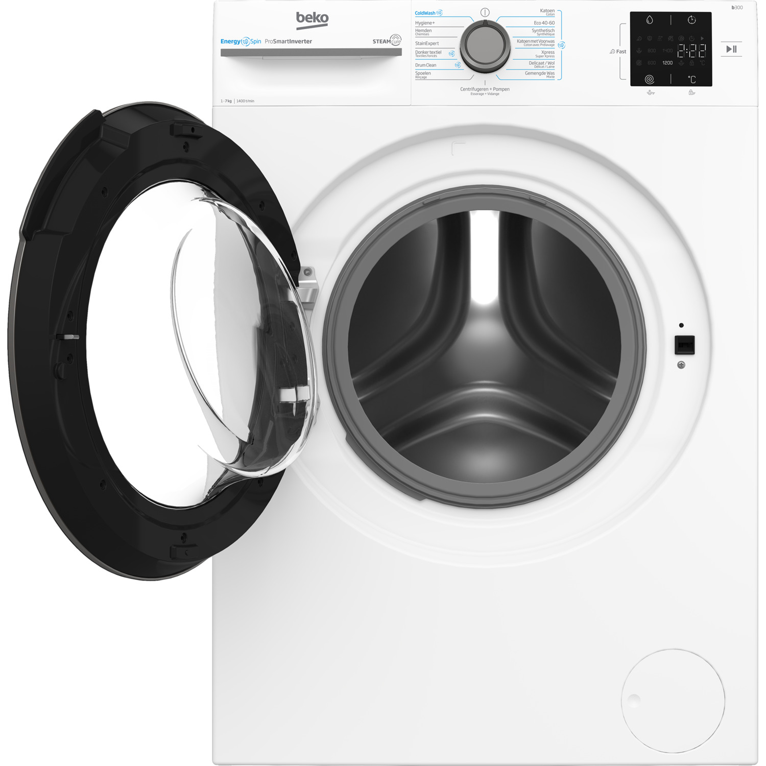 White Beko washing machine with open black door. The interior drum is visible. Controls on top.