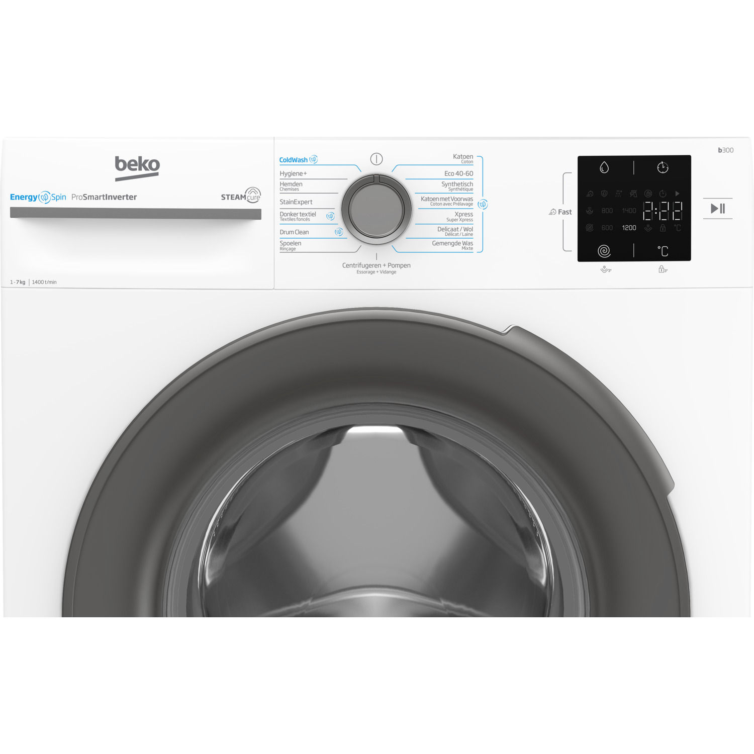 Beko washing machine control panel with various wash settings and display.