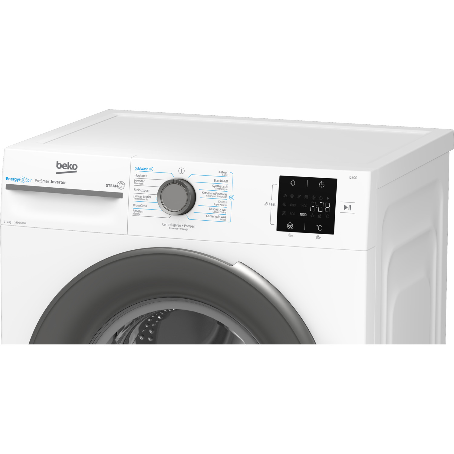 White washing machine with buttons and a black display showing time.